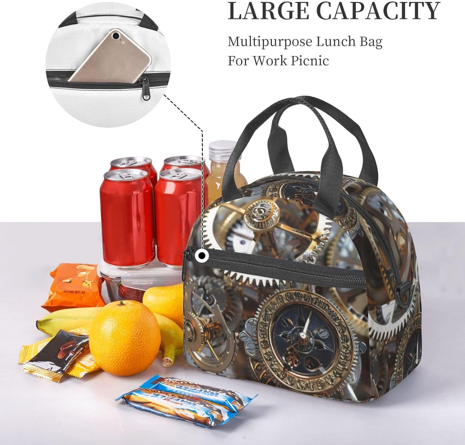 Clock Gear Print Reusable Lunch Bag Insulated Lunch Boxes for Office Work Picnic Tote Bag Adjustable