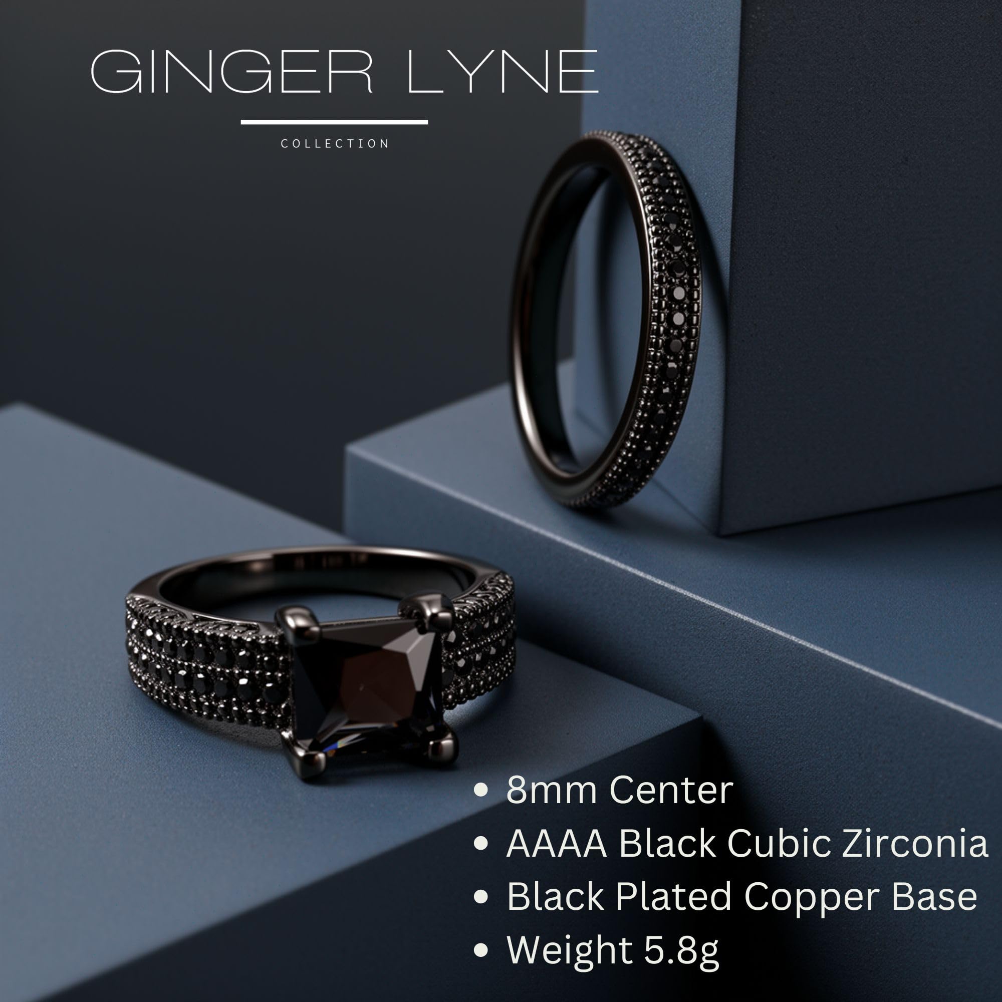 Exquisito Negro novia compromiso boda banda anillo Set – Ginger Lyne colección, negro, 8