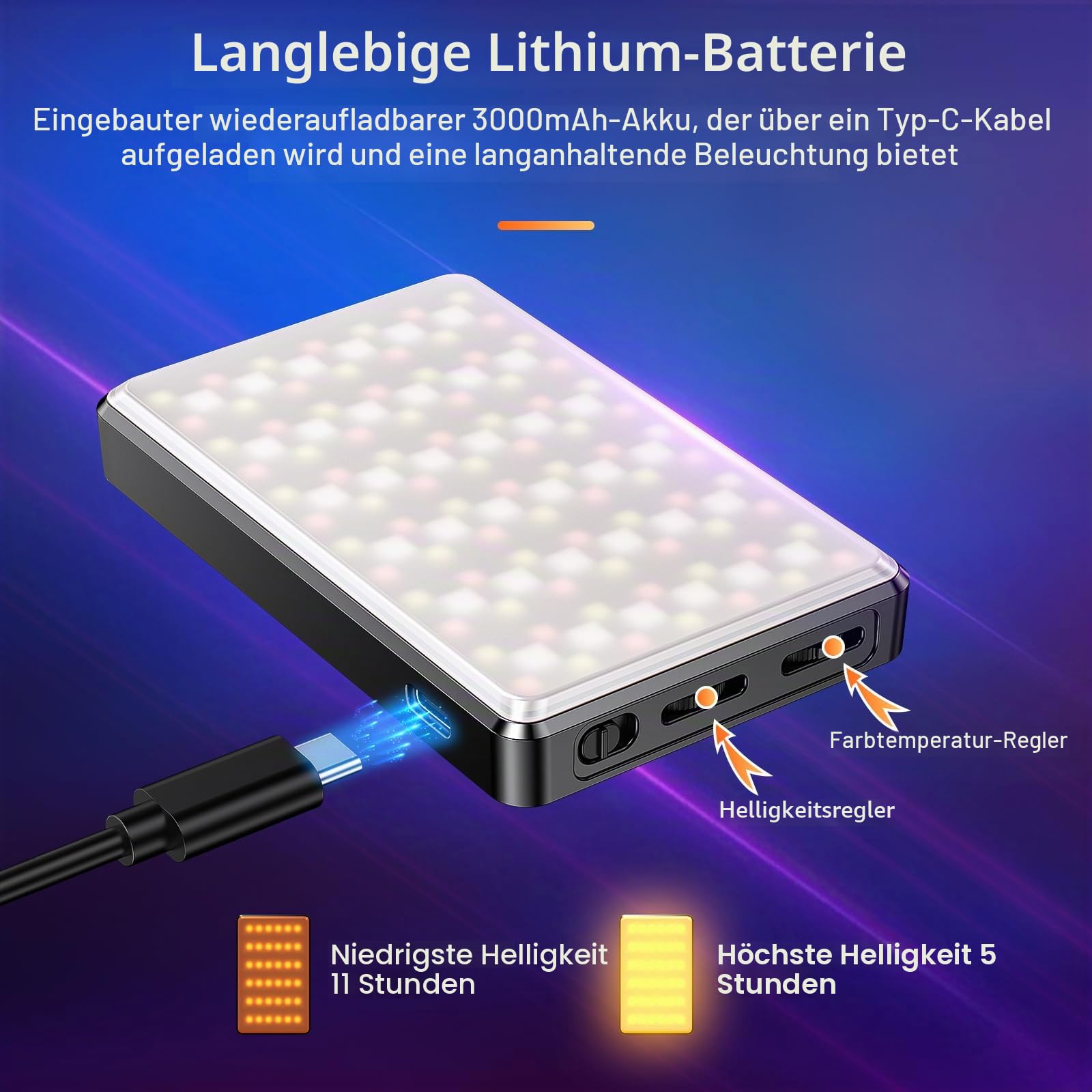 RGB LED Videoleuchte, Tragbares Selfie Licht mit 2500K–9000K, HUE 0–359°, 20 Lichteffekten, CRI 95+, Mini Fotolicht mit Clip & Tischstativ für Handy/Kamera/Laptop