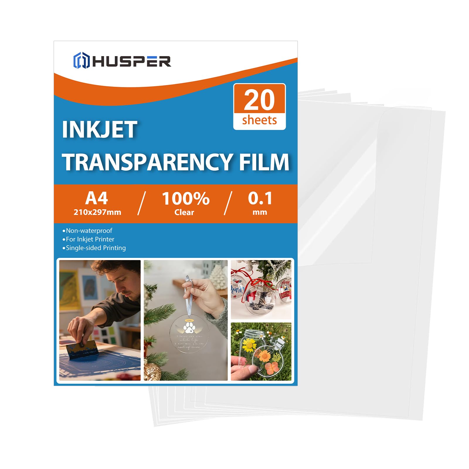 HUSPER 20 Sheets Pintable Transparency Film Acetate Clear Sheets for Crafts A4 OHP Overhead Projector Film for Inkjet Printer Quick-Dry