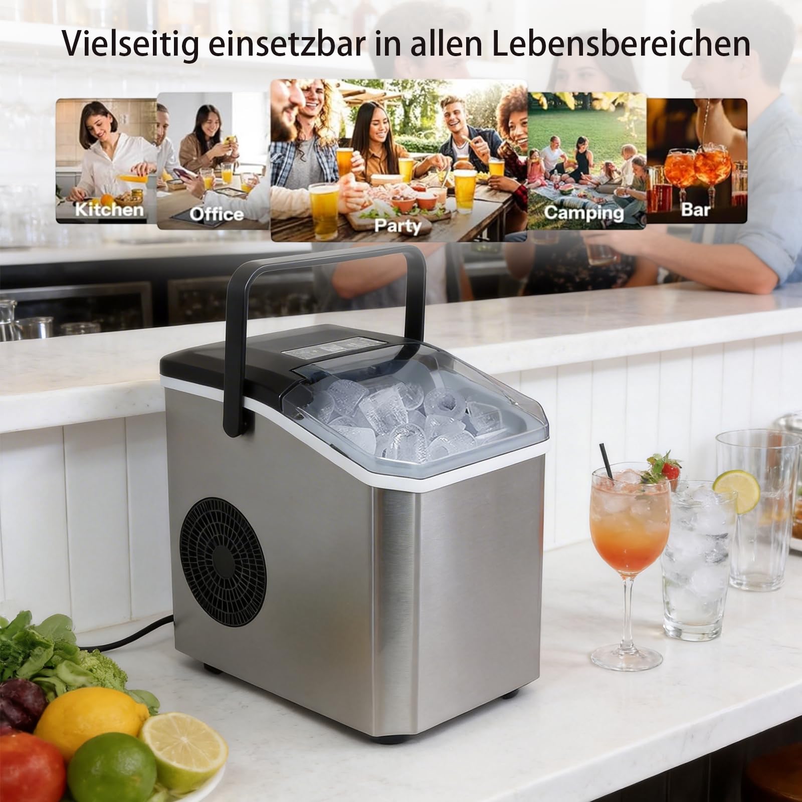 Eiswürfelmaschine 24 Stunden, 9 Eiswürfeln in nur 6 Min., 2 Größen von Bullet Ice, Selbstreinigender Eiswürfelbereiter Kleine 14kg, Mit Tragegriff, Eisschaufel u. Korb, Ice Maker für Party Büro RV