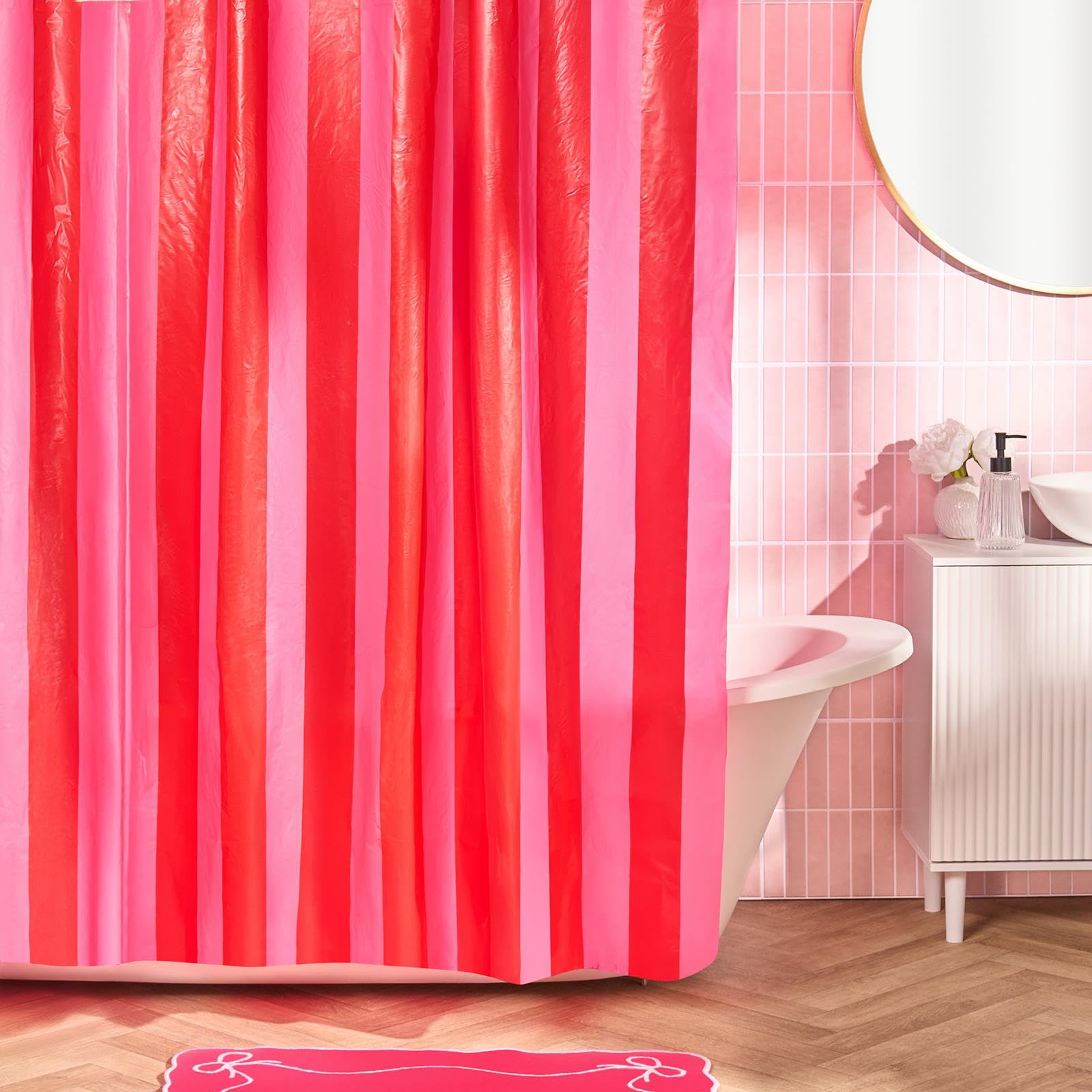 Ohs Stripe - Pink Pink Shower Curtain, Mould Proof Mildew & Water Resistant Plastic Bathroom Curtain With 12 Hooks Quick Dry Weighted Hem Bathtub Curtains, 180 X 180Cm - Pink