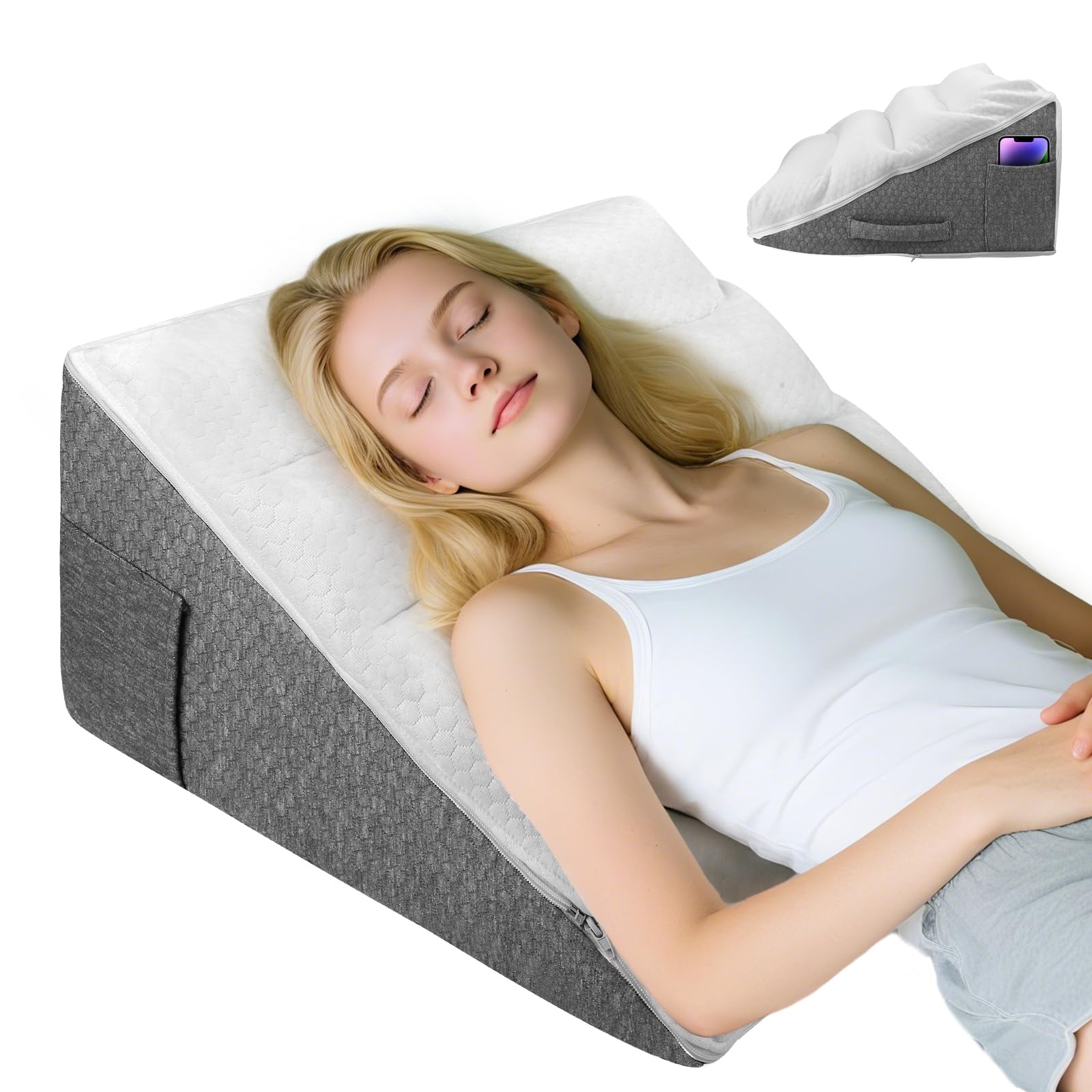 Cuscino a Cuneo per Letto, Cuscino Antireflusso, Cuscino Triangolare Memory Foam, Cuneo Ergonomico per Letto per Apnea Notturna da Reflusso, Cuscino da Lettura per la Schiena, 55 x 55 x 25 cm