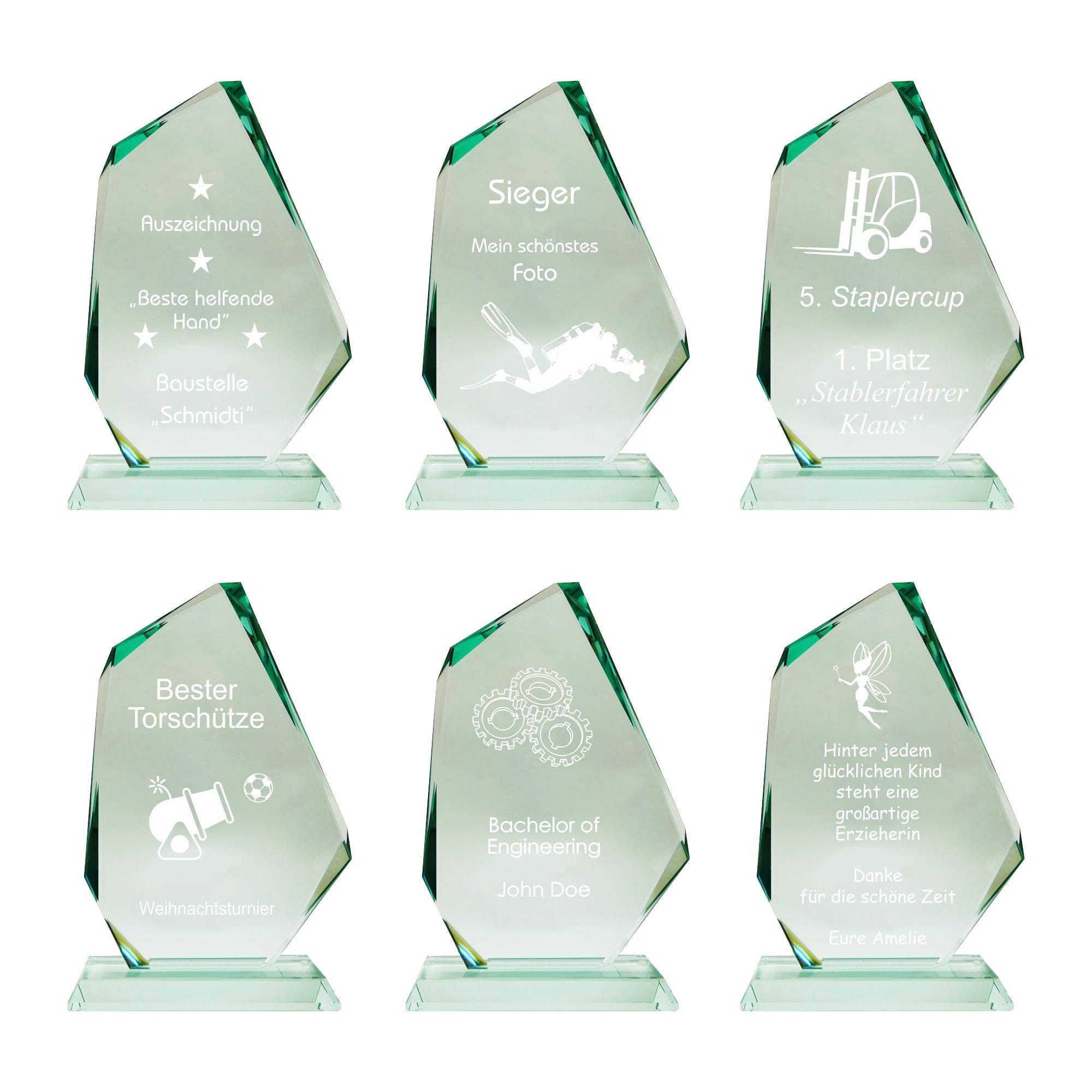 Glaspokal, Glastrophäe, Glasfels aus Jadeglas (Text+Logo weiß, 180x130mm)