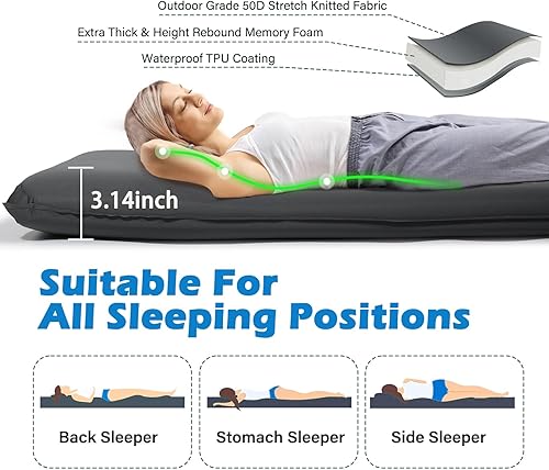 Miniatura 2 de Almohadilla de dormir para campamento, almohadilla de camping autoinflable con almohada, 3.14 pulgadas, compacta, gruesa, espuma viscoelástica,