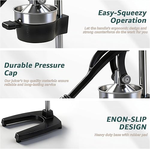 Miniatura 6 de Exprimidor manual de cítricos de alta resistencia comercial, exprimidor profesional de hierro fundido naranja con colador y taza de acero inoxidable
