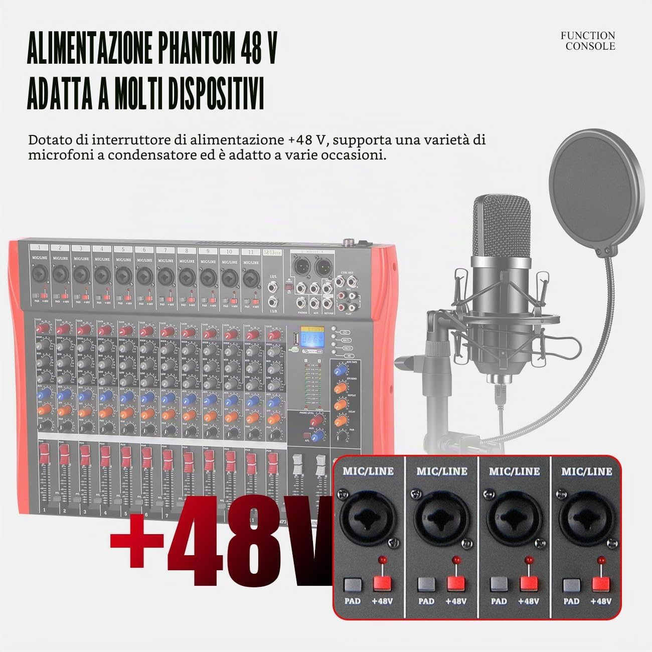 Studio Live Mixer 12 canali, console DJ professionale, suono stereo, Bluetooth, per registrazione computer, riproduzione, amplificatore mixer audio digitale USB con alimentazione phantom
