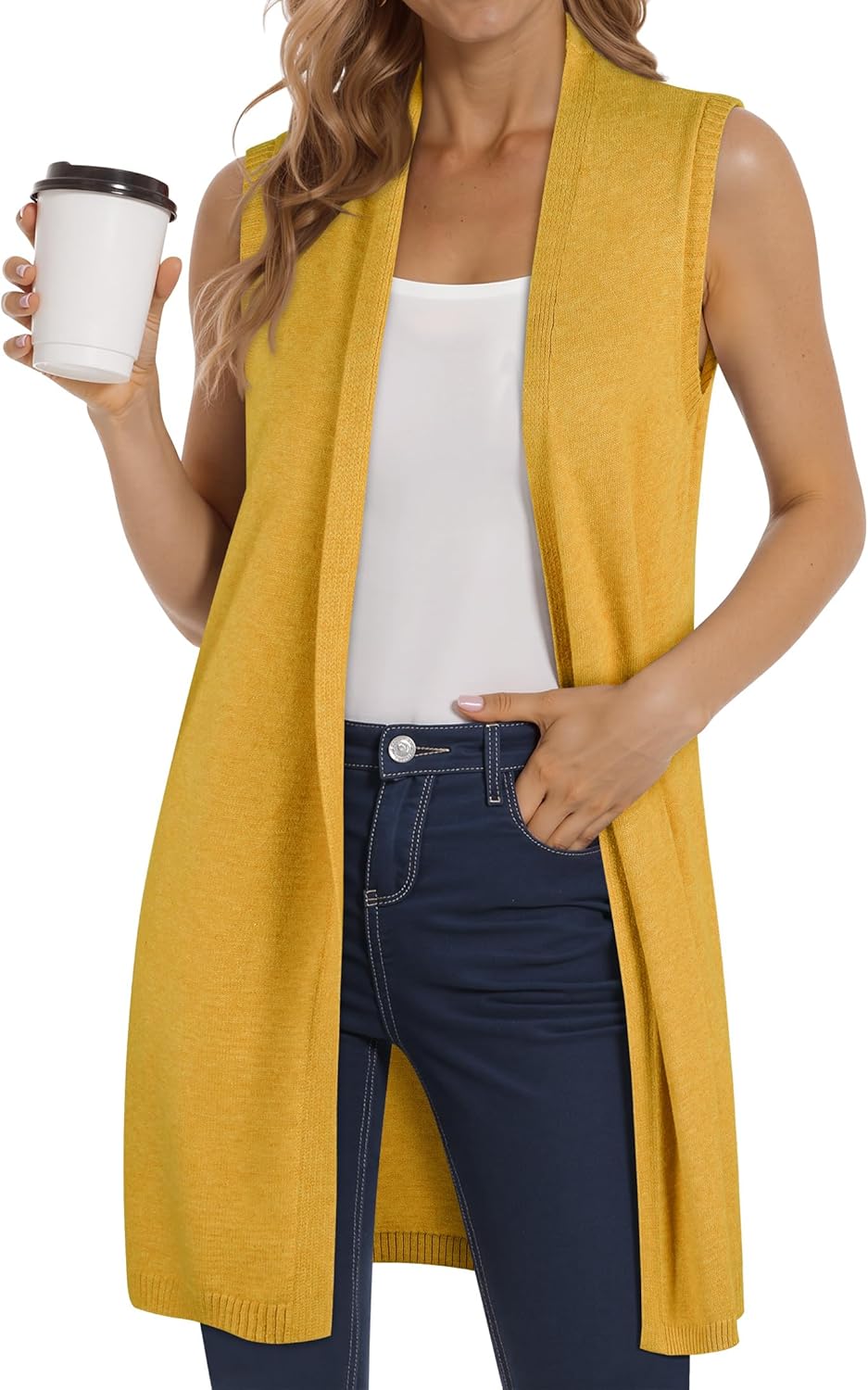 ZXZY Long Vest for Women Sleeveless Knit Cardigan Open Front Draped Sweater Duster Casual Lightweight Outwear Vests