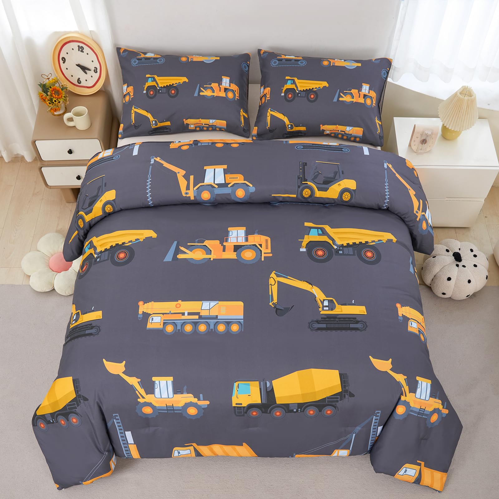 ZRNBAST Construction Kids Bedding Set for Boys Twin Size Trucks Dark Grey Comforter Set Teens 3 Pieces Tractor Bedding Set Lightweight Microfiber Excavator Bed Set with 2 Pillowcases