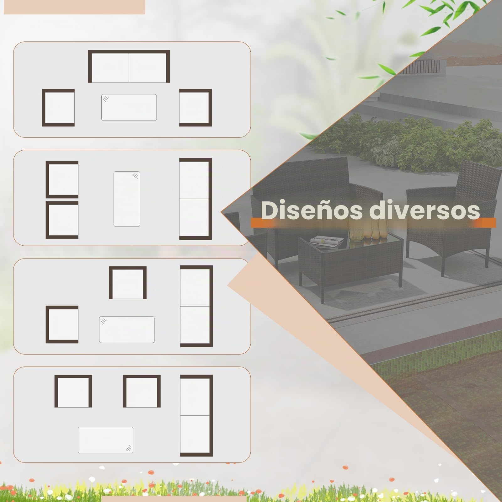 SOARS Juego de salón de jardín de 4 piezas, muebles de jardín con cojines, sofá de 2 plazas, 2 sillones de ratán PE, mesa baja de cristal, muebles de exterior para terraza, balcón (marrón+marrón)
