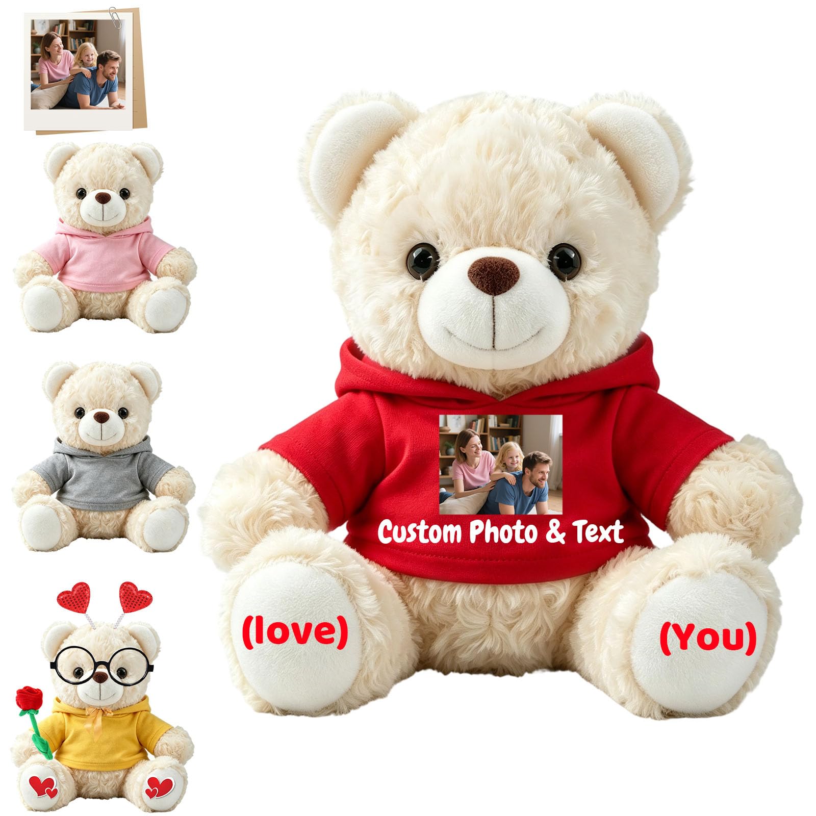 FAHOXUMR Custom Teddy Bear Stuffed Animal with Photo and Text for Boyfriend Girlfriend, 8 Inch Soft White Teddy Bear with Clothes as Gift for Valentine Christmas Anniversary Graduation