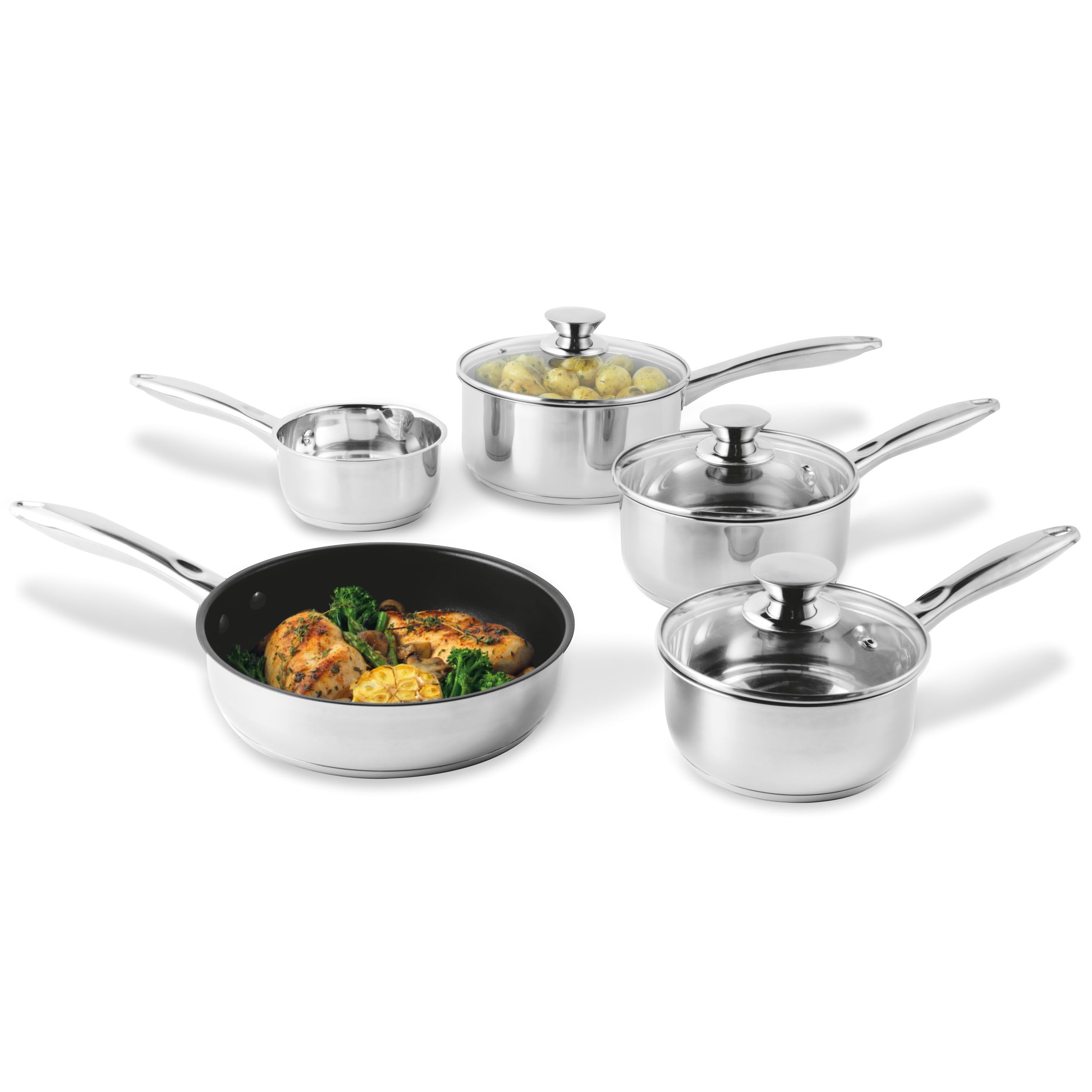 Russell Hobbs Set di pentole da 5 pezzi - antiaderente acciaio inox , padella da 24cm, pentola da 16/18/20 cm, lattiera da 14 cm, impilabile per tutti i piani cottura, Lavabile in lavastoviglie