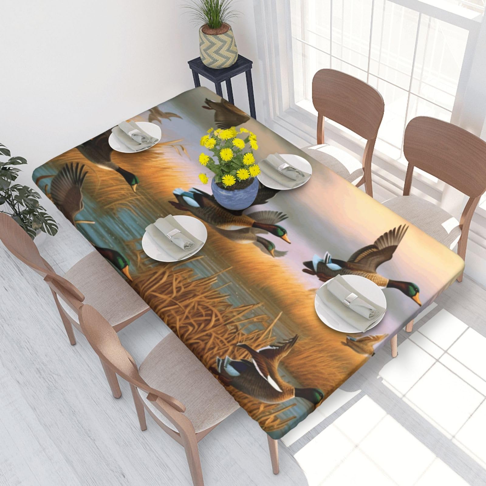 DCARSETCV Hunting Flying Wild Ducks 7 Printed 4FT Waterproof Tablecloth with Elastic Edged Protect & Decor Your Table, Oil-proof Washable Table Cloth Cover for Dinner Picnic Party