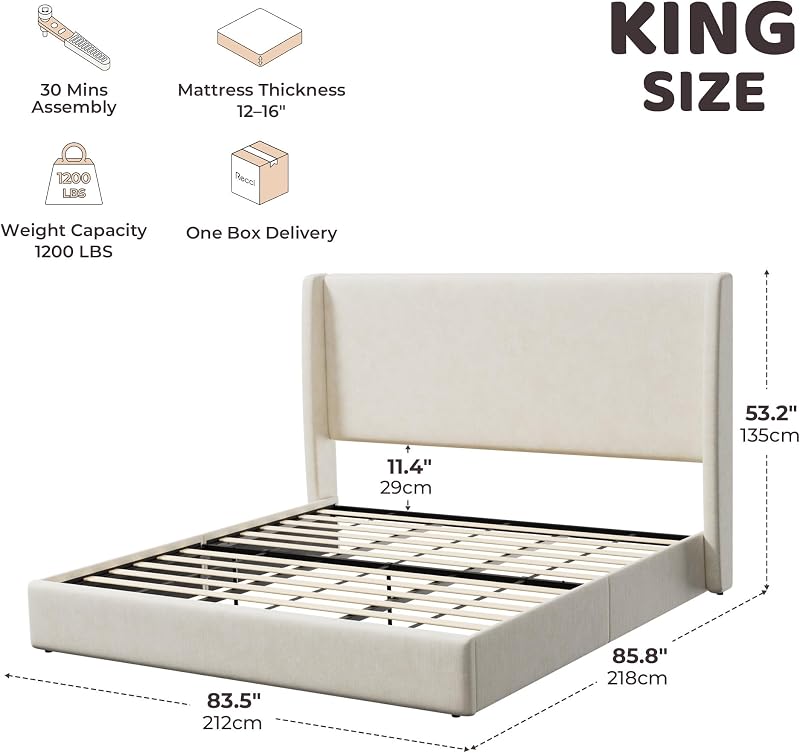 RECCI King Size Upholstered Platform Bed Frame with Tall Wingback Headboard image 2