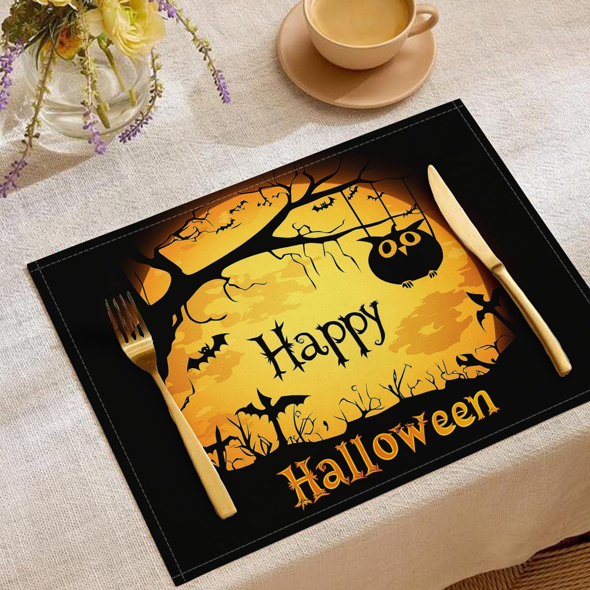 Set de table Halloween 45x30 cm motif hibou citrouille lavable jaune