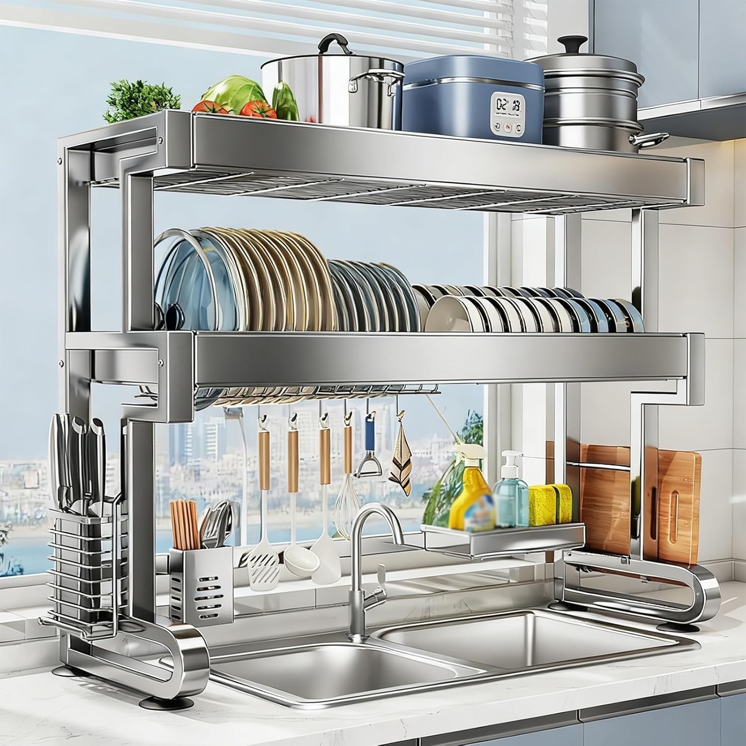 Escurridor de platos, organizador de cocina de acero inoxidable de 2 niveles para platos, vasos, cuencos y cubiertos