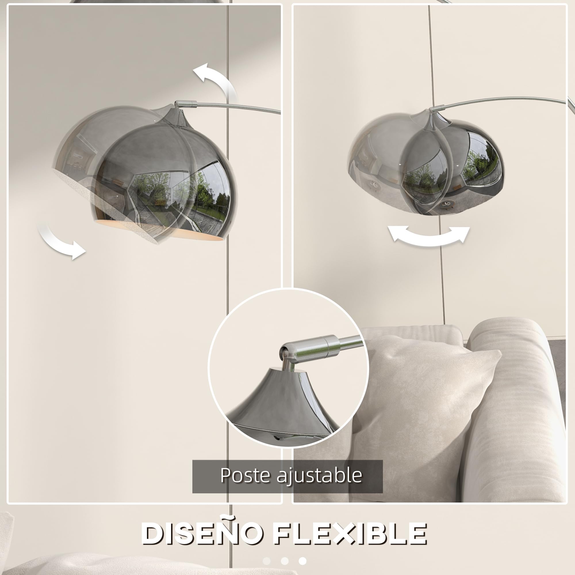 HOMCOM Lámpara de Pie Arco Moderna, Lámpara de Lectura de Pie 40 W para Bombilla E27 con Altura y Longitud Ajustable, Interruptor de Pie, para Salón, Dormitorio, Oficina, 110-115x35x170-180 cm, Plata