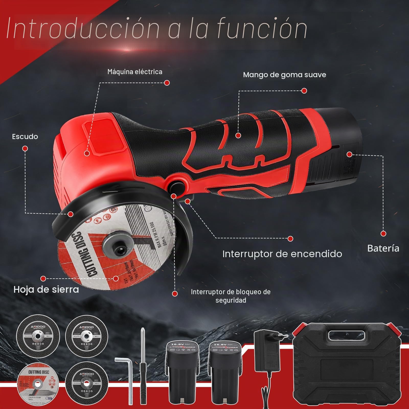 Amoladora Angular sin Cable 16.8V sin Escobillas, Ø76mm, incl. Batería 2.0Ah & Cargador Rápido, 28000RPM Amoladora Angular Profesional con Tapa de Cierre Rápido, 4 Discos para Cortar, Desbastar
