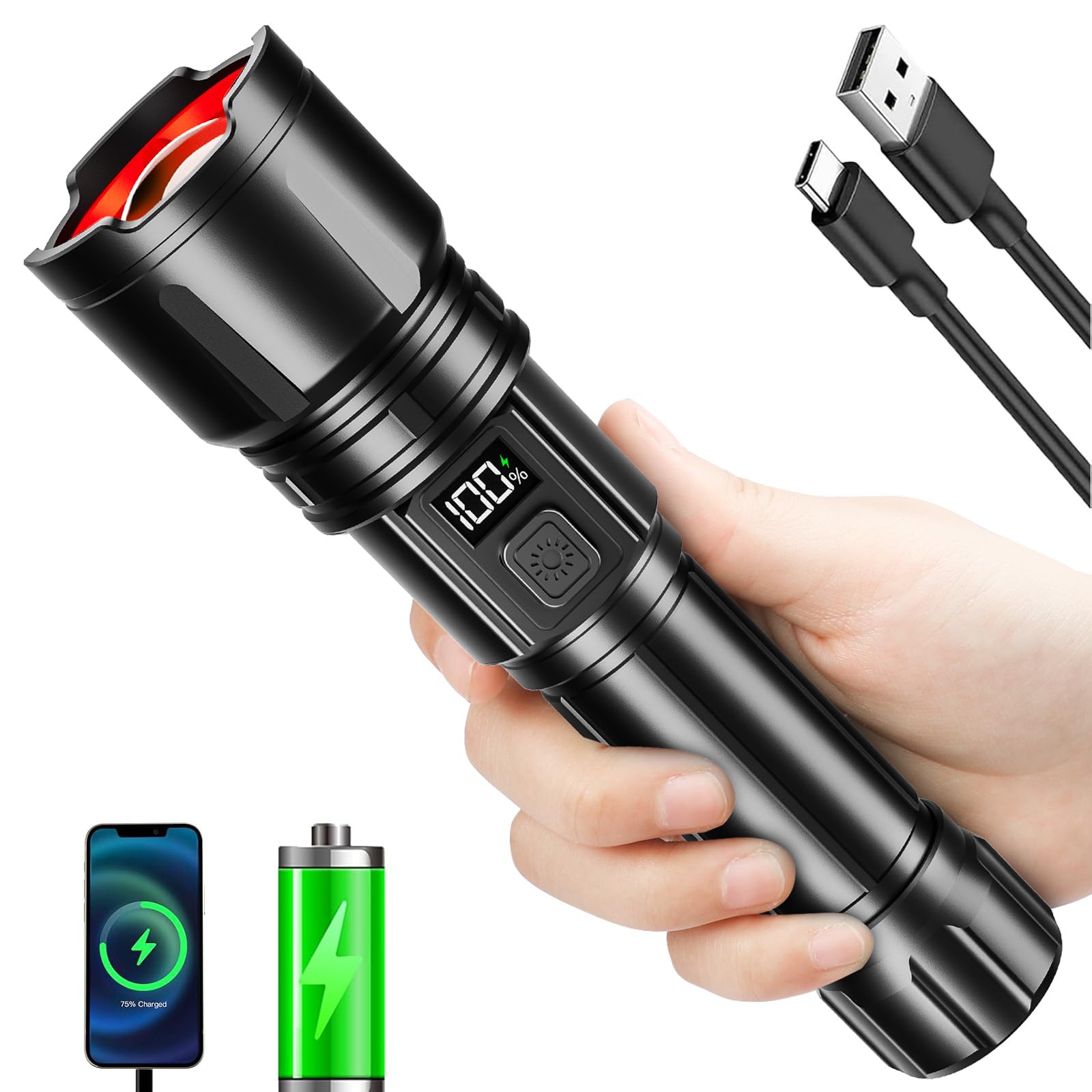 HRIOVS Flashlight Rechargeable 990000 High Lumens, Long-Lasting LED Flashlights with 6 Modes, IPX7 Waterproof, Zoomable, Super Bright Tactical Flash Light for Home Outdoor Emergency Camping