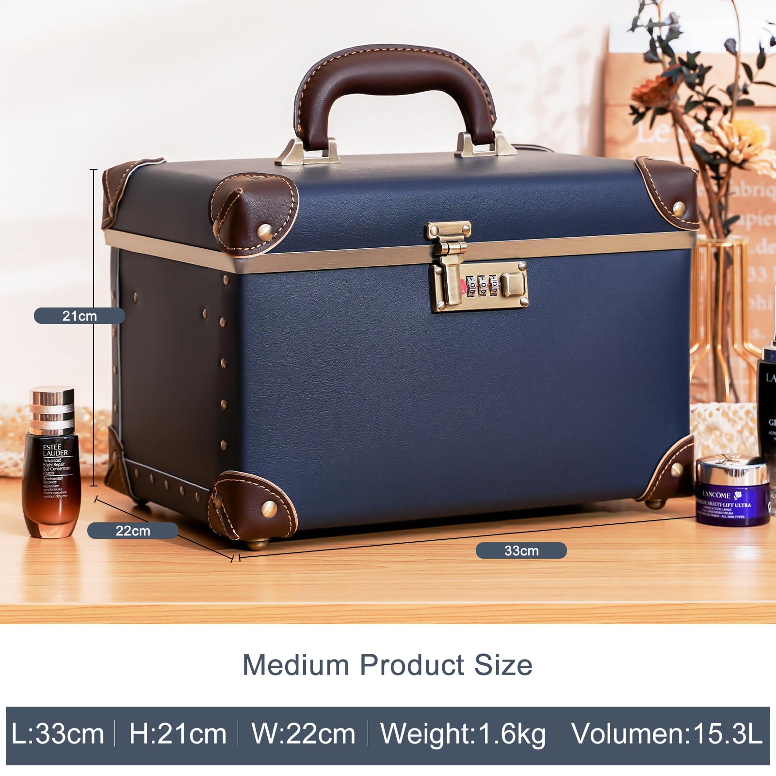 urecity Vintage Leder Kosmetikkoffer mit Spiegel - Hartschale Schminkkoffer für Damen, Reise Make-up Case mit Zahlenschloss & Großer Stauraum (Retro Design) (Blau, Medium)