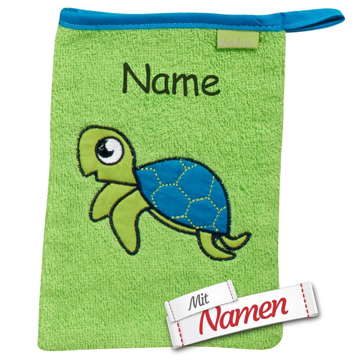 LALALO Playshoes Frottee-Waschhandschuh Schildkröte, mit Namen bestickt, personalisierbar, Geschenk zur Geburt oder Taufe, Baby-Waschhandschuh Waschlappen Waschtuch für Kinder, grün