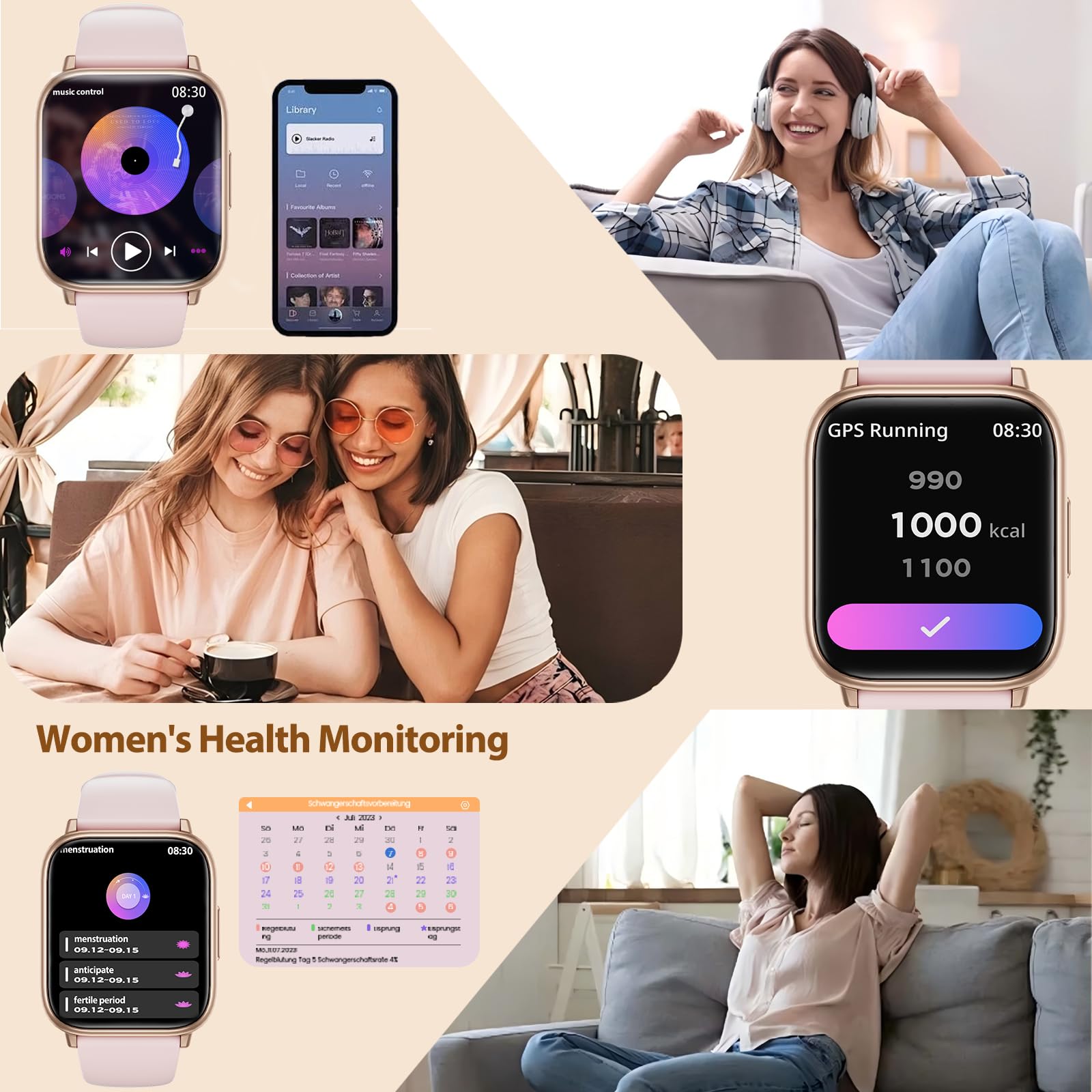 SLOKSFil Smartwatch Damen mit Telefonfunktion, 3 Armbänder 1.83" HD Fitness Tracker mit 24H Pulsmesser SpO2 Schlafmonitor 120+ Sportmodi IP68 Schrittzähler Smart Watch für iOS Android Roségold