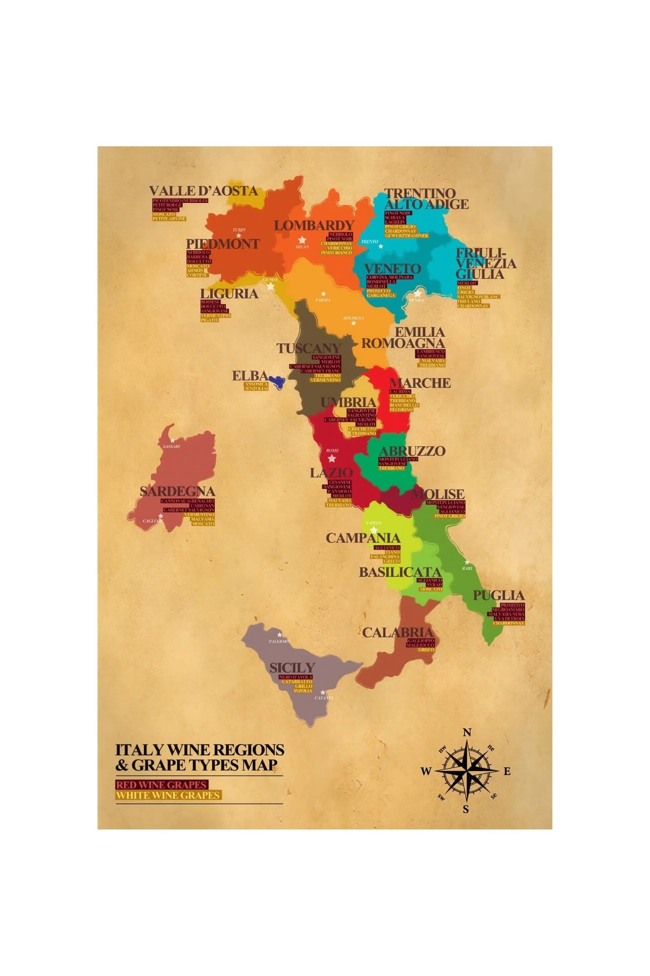 EKFBQBGW Wine Region Map Poster Major Vineyards Grape Varieties Guide Wall-Art For Living Room Study Wine Cellar Tasting Room Decor(Framed,08x12inch(20x30cm))