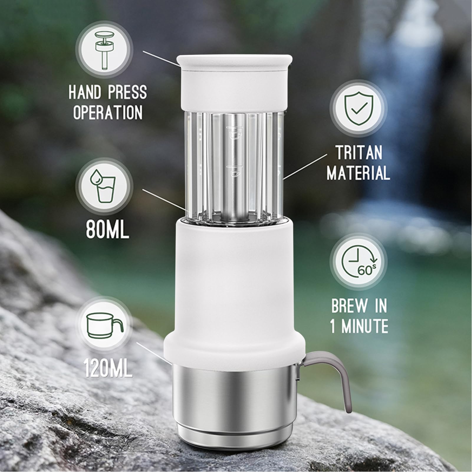 Compacta Prensada a Mano con Tanque de Agua de 80 Ml y Taza 120 Ml, Portátil para Caminatas y Viajes, Prensa Manual para un Auténtico Sabor a (Blanca)