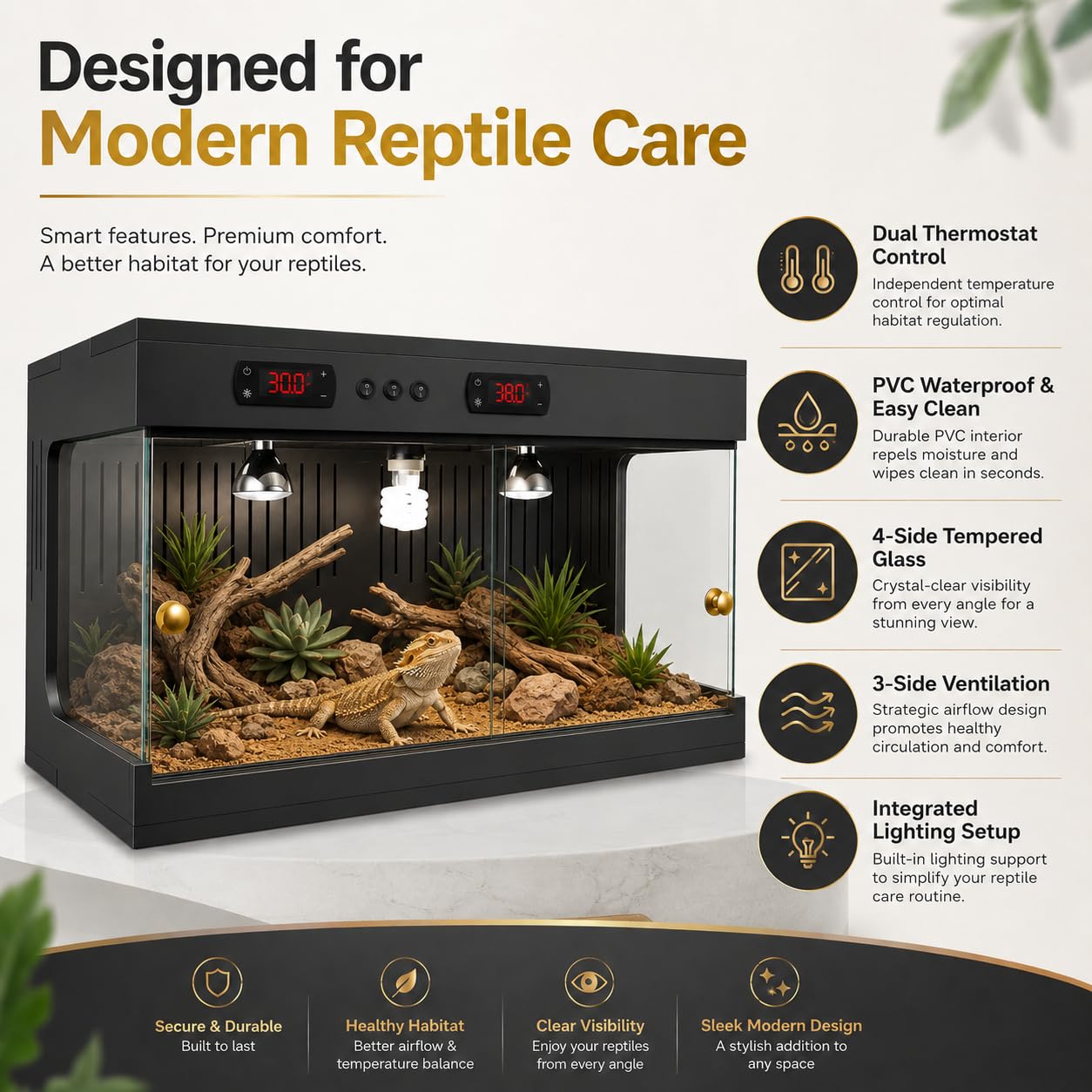 Terrario per rettili, 80 x 40 x 40 cm, con doppio termostato e portalampada in ceramica, ventilazione su 3 lati, recinzione impilabile in vetro per rettili per draghi barbuti, serpenti, rane