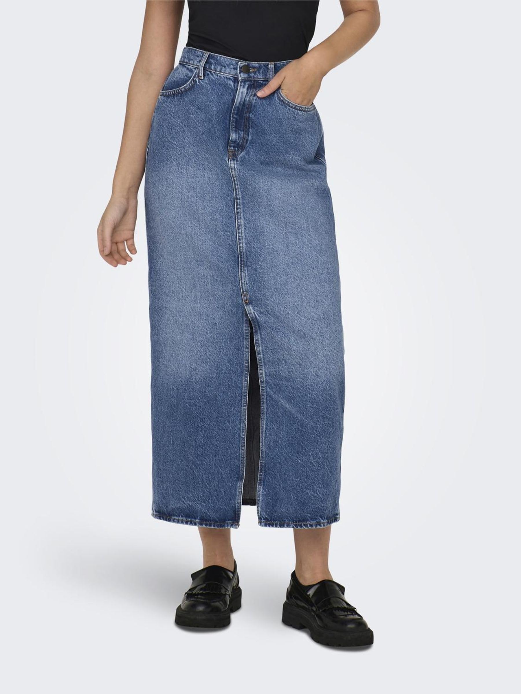 ONLY Falda Vaquera Maxi para Mujer con Abertura en la Parte Delantera Stone Denim Wash Falda con Cintura Media y Bolsillos Delanteros.
