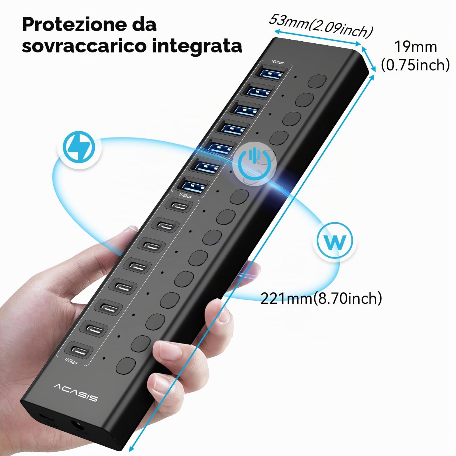 ACASIS Hub USB C 3.2 Alimentato 16 Porte 10Gbps 8 USB-A + 8 USB-C,96W | Alimentatore, Interruttori Individuali, Alluminio, per PC/Mac/Linux/Android, Disco Esterno e Chiavetta