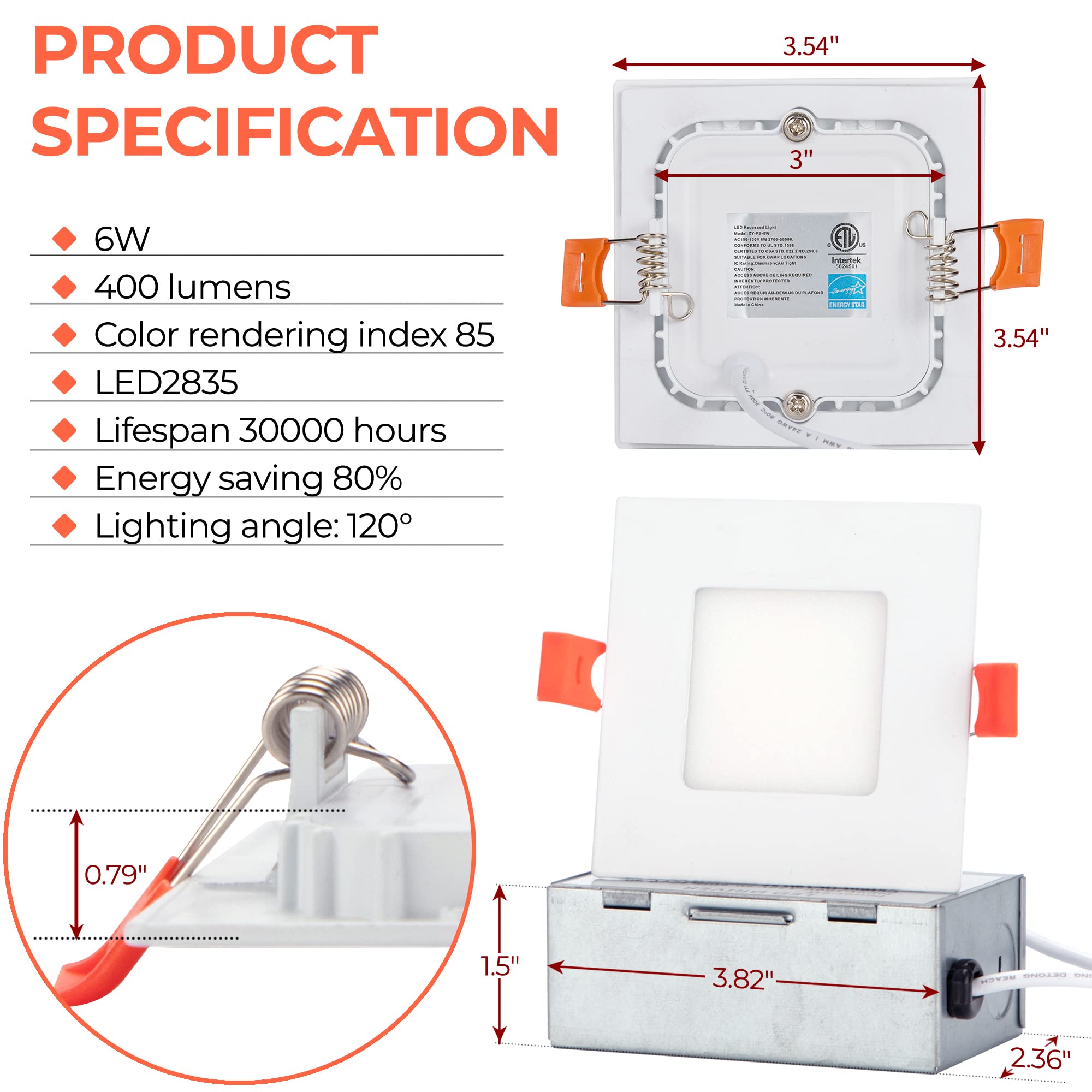 Vtuik 3 Inch Square LED Recessed Lighting with Junction Box - 6W 5CCT 2700K-5000K Selectable, Dimmable Ultra Thin Ceiling Light, IC Rated for Home and Commercial Spaces - ETL Certified,12Pack