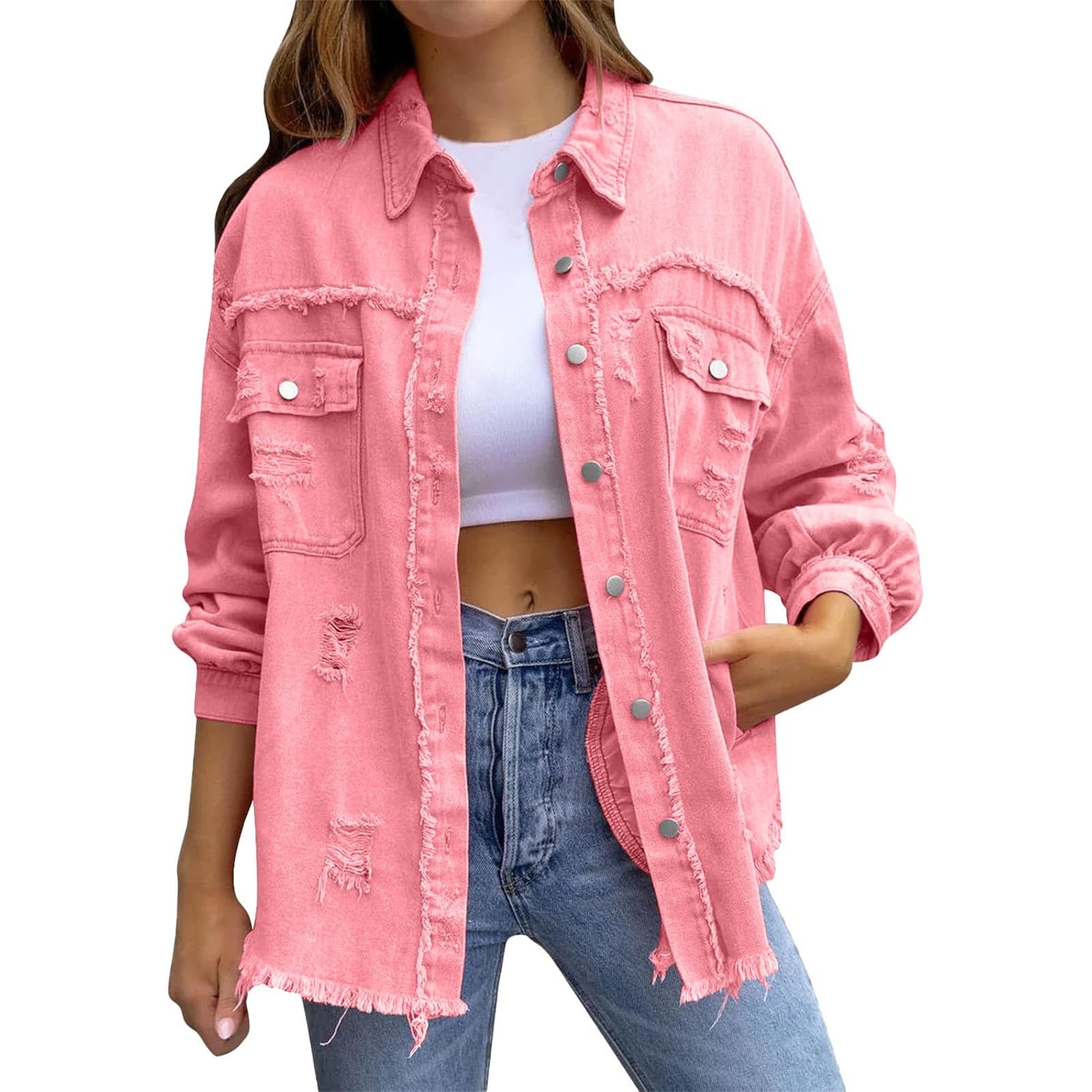 Generisch Chaqueta vaquera para mujer, de gran tamaño, manga larga, acanalada, camisa vaquera, chaqueta de entretiempo, abrigo vaquero acanalado, chaquetas de mezclilla con botones, cuello hacia abajo