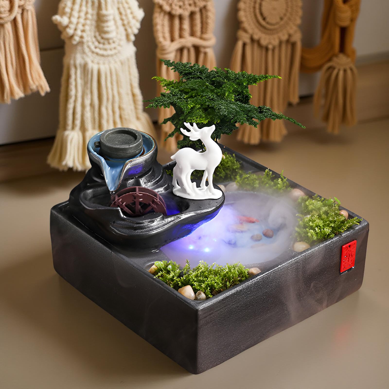 Zen Fontana d'acqua da scrivania con luce LED e nebulizzazione, fontana Feng Shui che scorre per casa, ufficio, meditazione e relax + 10 cristalli naturali gratuiti (stile A + nebulizzazione)