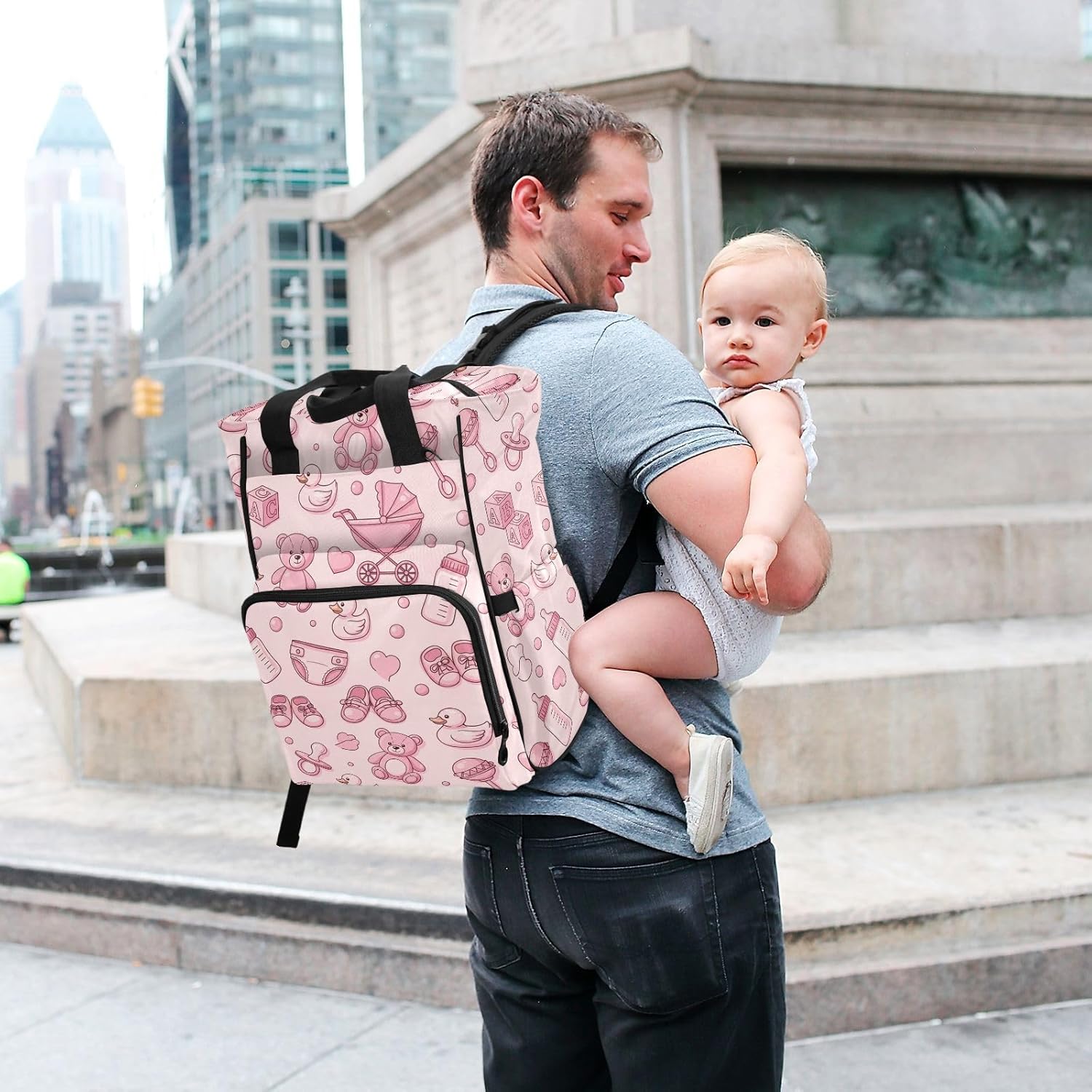 SPRIPORT Teddy Bear Duck Pink Print Diaper Bag Backpack for Baby Boys Girls Multifunction Baby Essentials Travel Tote with Stroller Straps & Bottle Storage Maternity Baby Changing Bags for Traveling