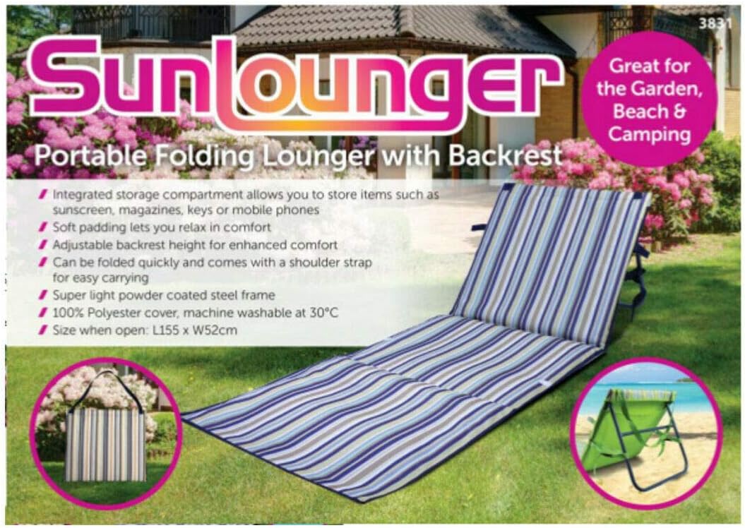SPECTROLITE ® Portable Beach Mat Blue Stripe Folding Sun Lounger Adjustable Deck Chair (blue)