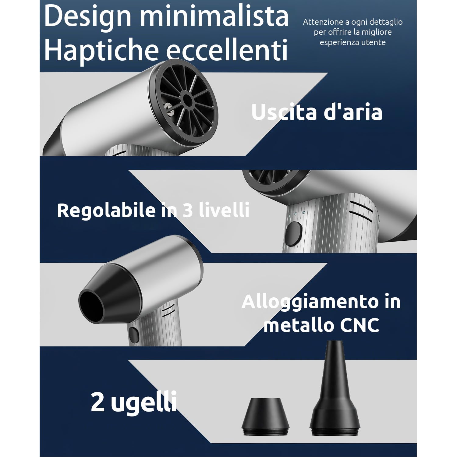 Soffiatore Aria Compressa in Metallo 270000 TR/min Spruzzo Aria Compressa con 3 Velocità regolabili, aria compressa Pulizia pc, soffiatore Batteria per Auto, Casa ed Esterno - Argento