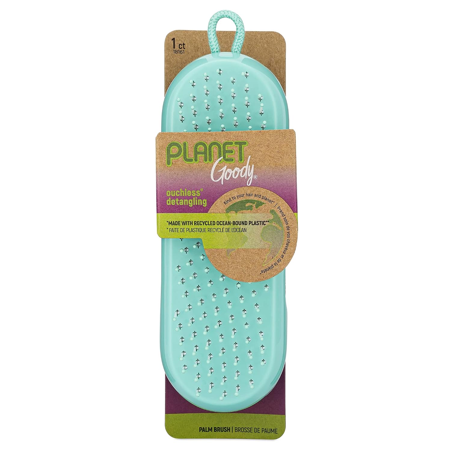 Planet Goody Detangling Palm Hair Brush - Teal - Detangler Comb for Women, Men, and Kids - Wet or Dry - for Natural, Straight, Thick and Curly Hair - Made with Recycled Ocean-Bound Plastic (Pack of 2)