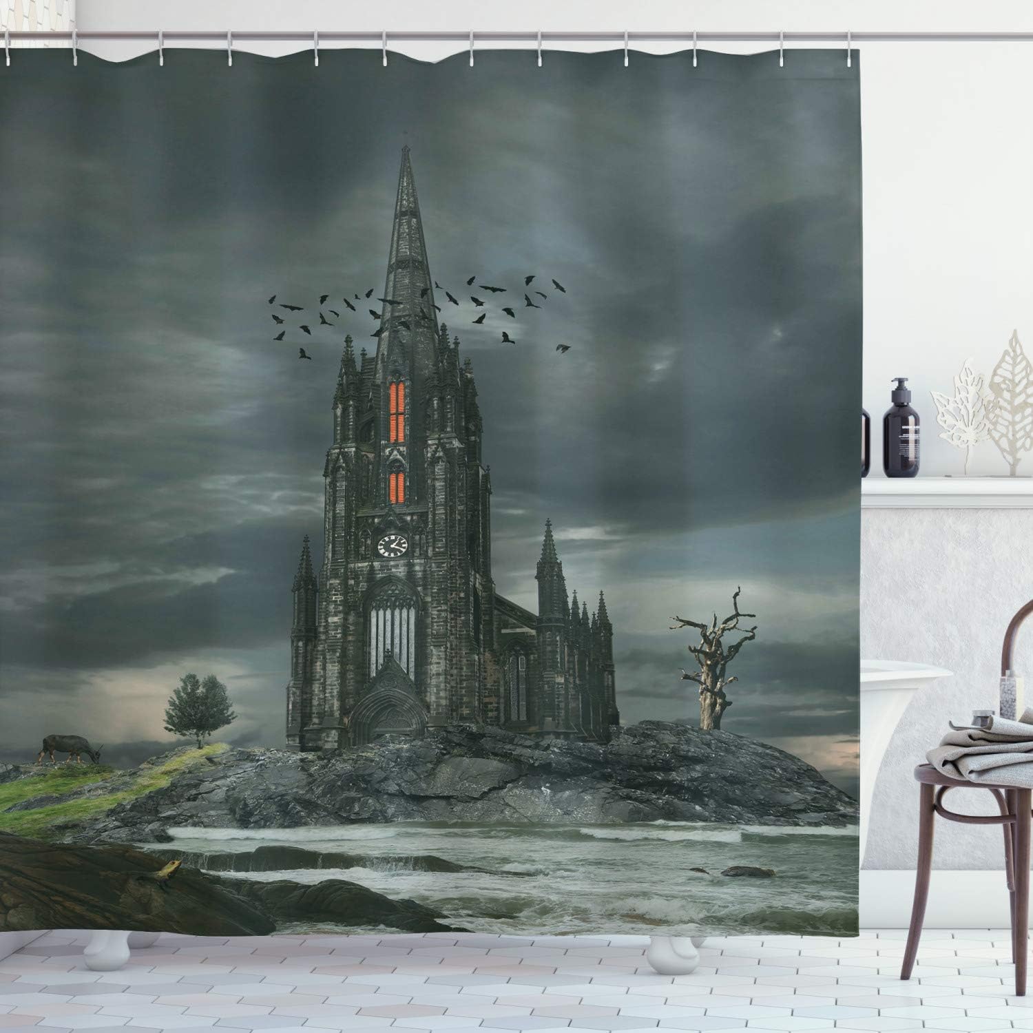 Ambesonne Gothic Stall Shower Curtain, Mysterious Gothic Castle Edinburgh Darkness Dramatic Sky Clouds Bat Old Building, Fabric Bathroom Decor Set with Hooks, 54" W x 78" L, Olive Green