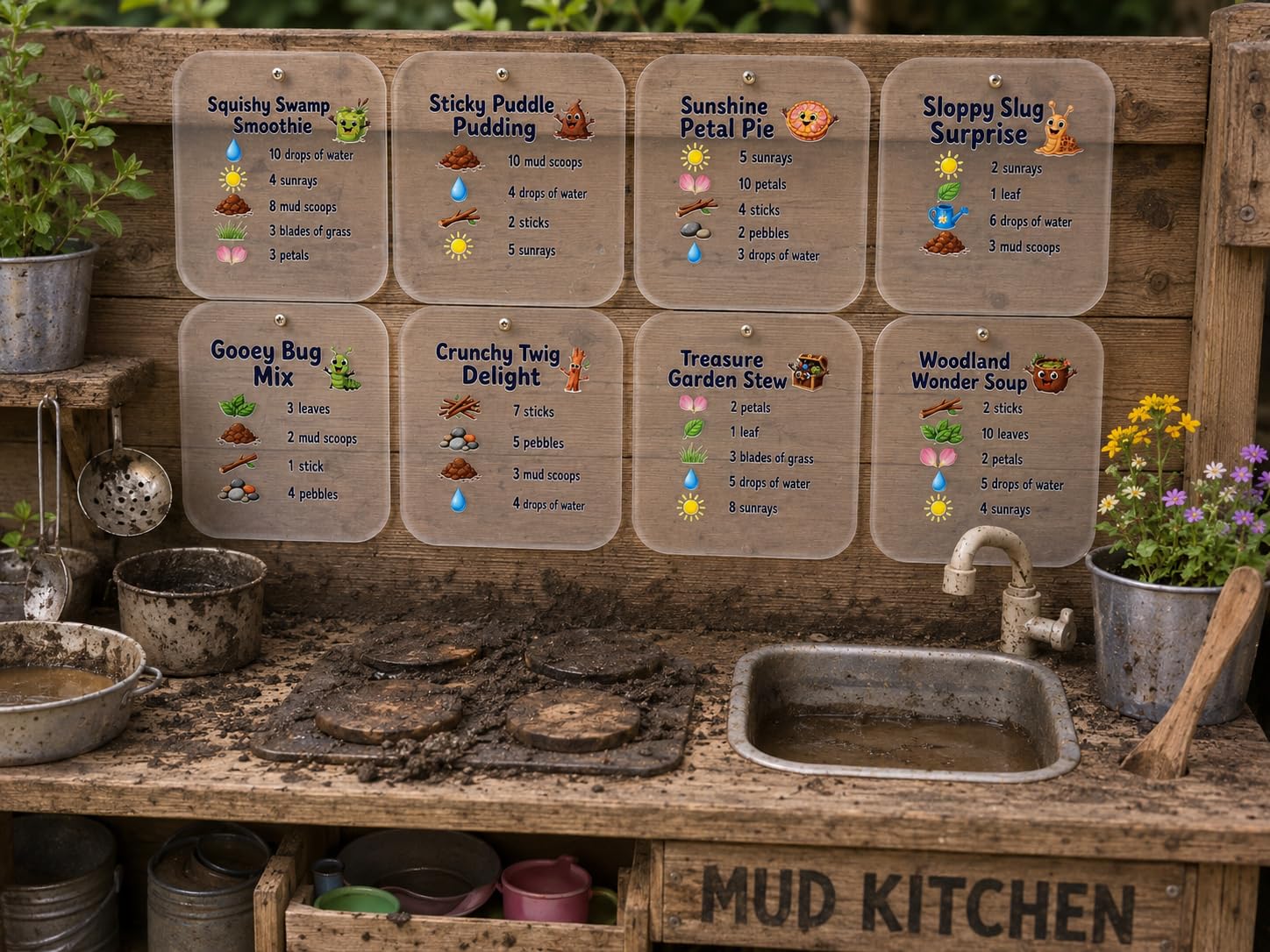 Set of 8 Mud Kitchen Recipe cards, Acrylic, UV printed, outdoor use