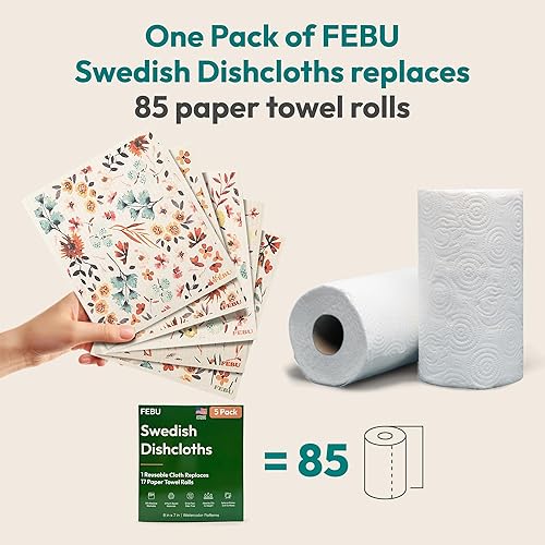 Miniatura 3 de FEBU Paños de cocina suecos  Paquete de 5 toallas de papel reutilizables japonesas lavables  Toallas de cocina suecas  Paños de esponja de celulosa