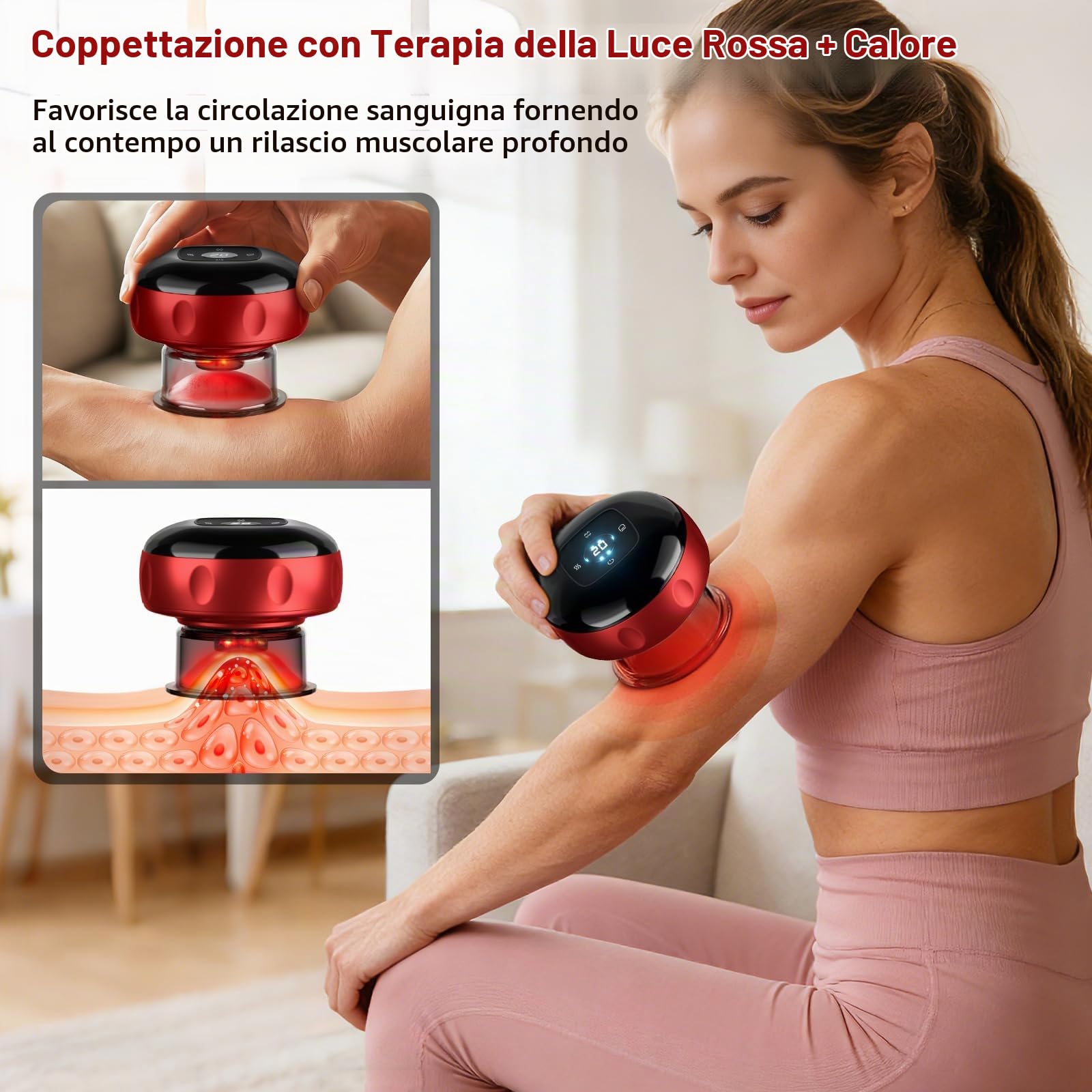 Set di 2 coppette, massaggiatore Smart Cupping Therapy 7 in 1, kit terapia a luce rossa con 2 modalità per alleviare il dolore mirato, dolori muscolari, pelle tesa, kit di coppettazione a 12 livelli