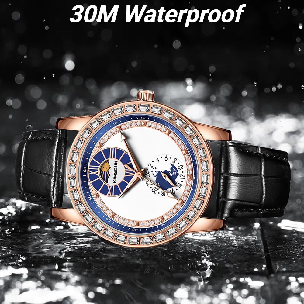 Relojes automáticos para hombre, reloj de diamante, correa de cuero, reloj mecánico de cuerda automática, sol, luna, estrella, para hombre, elección ideal para regalos