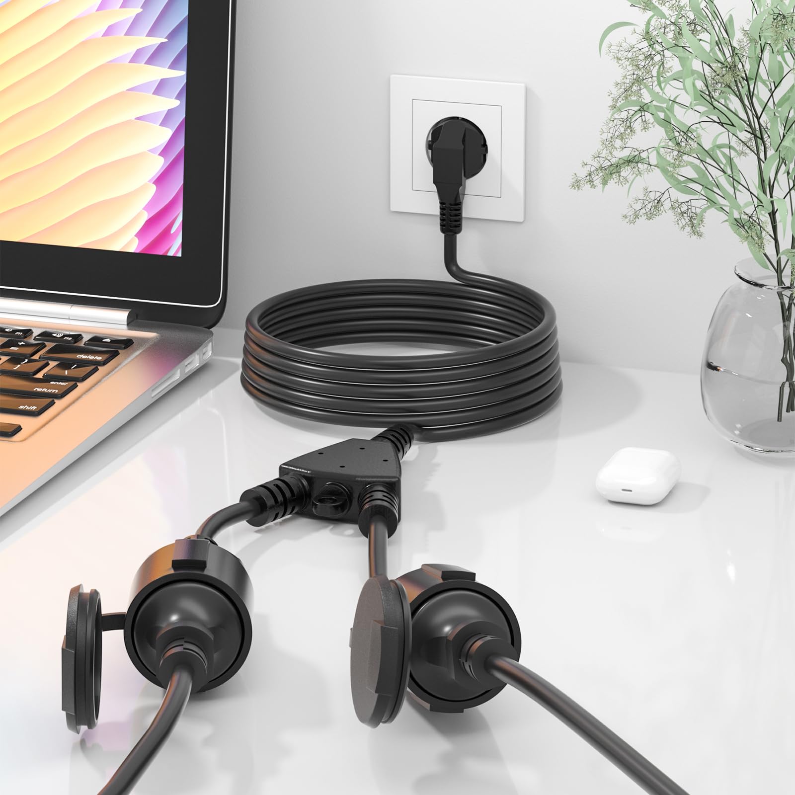 Tanxis Cable Alargador Schuko Doble, Conmutable Individualmente, Exterior 16A/250V IP44 Negro