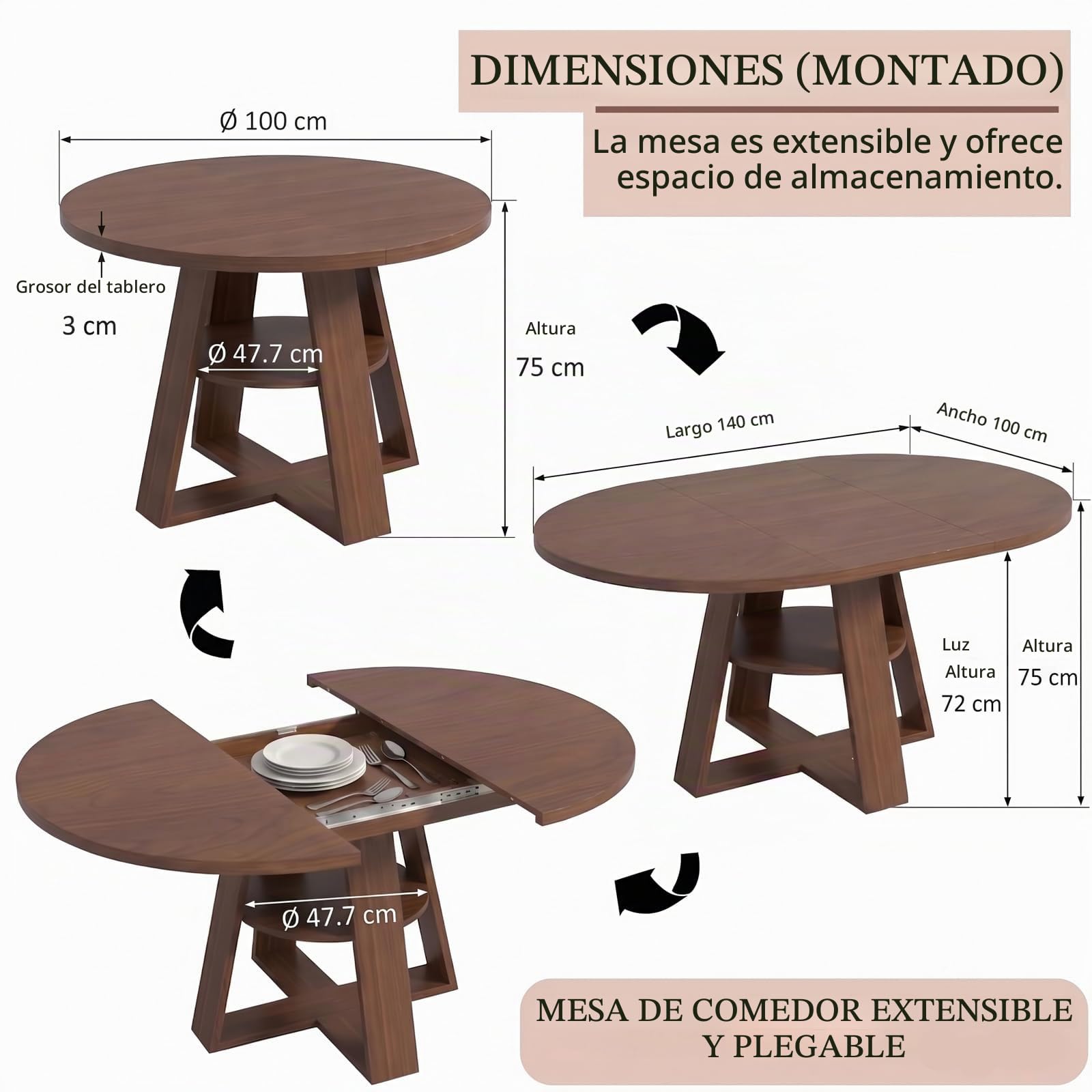 Mesa de comedor extensible 100/140 x 100 x 75 cm, mesa de comedor ovalada, ahorra espacio, mesa de cocina con espacio de almacenamiento, mesa de comedor de madera, mesa de jardín extensible
