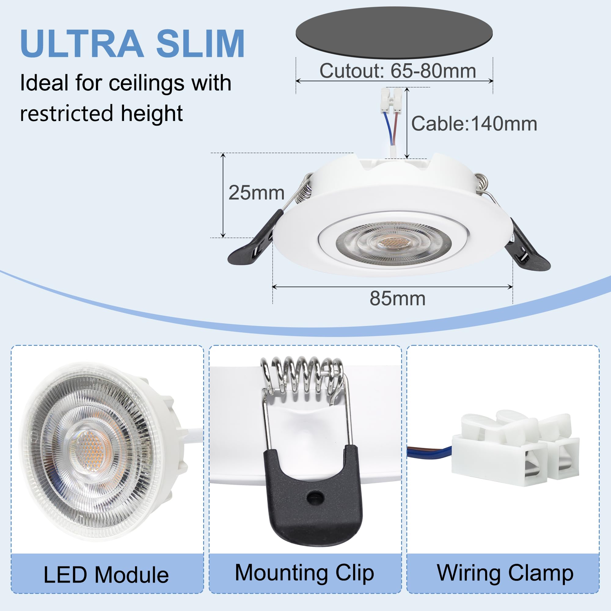 Downlight LED Techo Empotrable Regulable 230V, 5.5W 600LM IP44 Ojos de Buey Ultrafino 68mm, 45° Rotable Focos LED Interior Techo Blanco Calido 2700K Foco Empotrable para Baños, Blanco 6 Pack