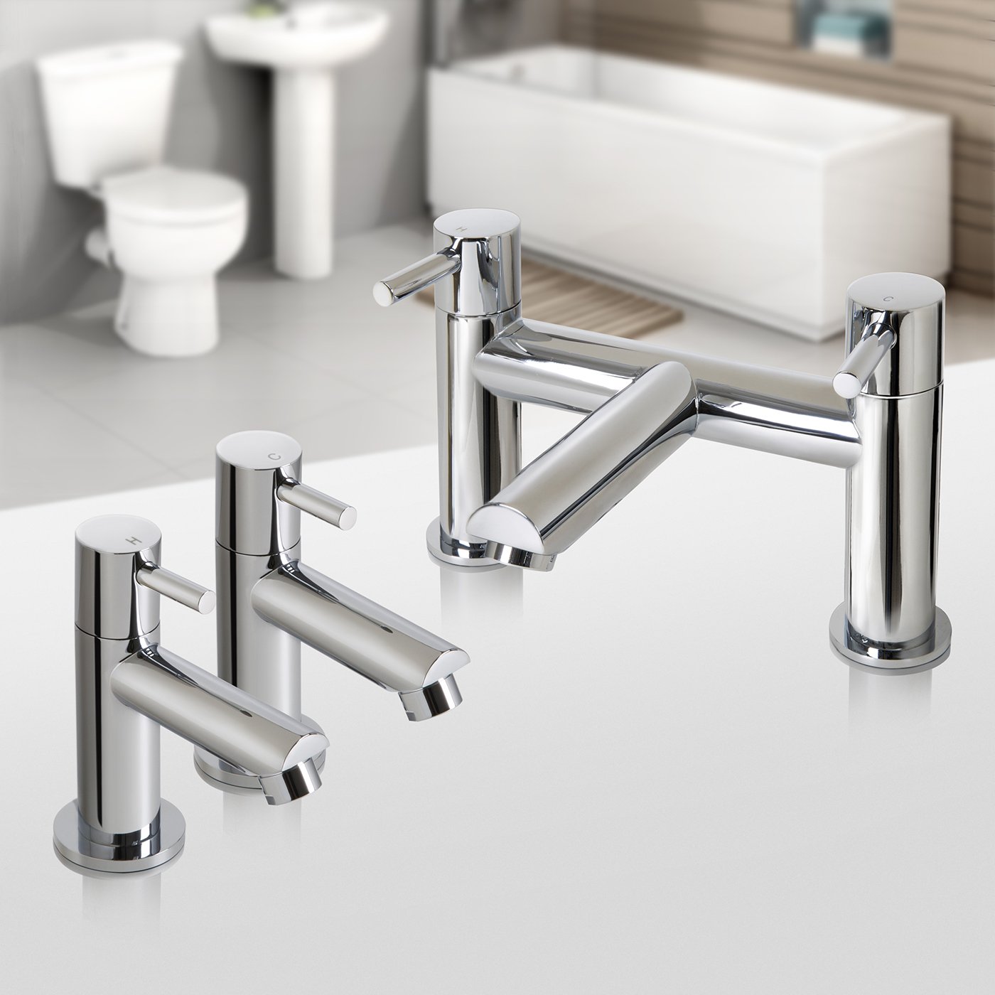 iBathUK | Pair of Hot and Cold Basin Sink Mixer Taps with Bath Filler Chrome Tap Set