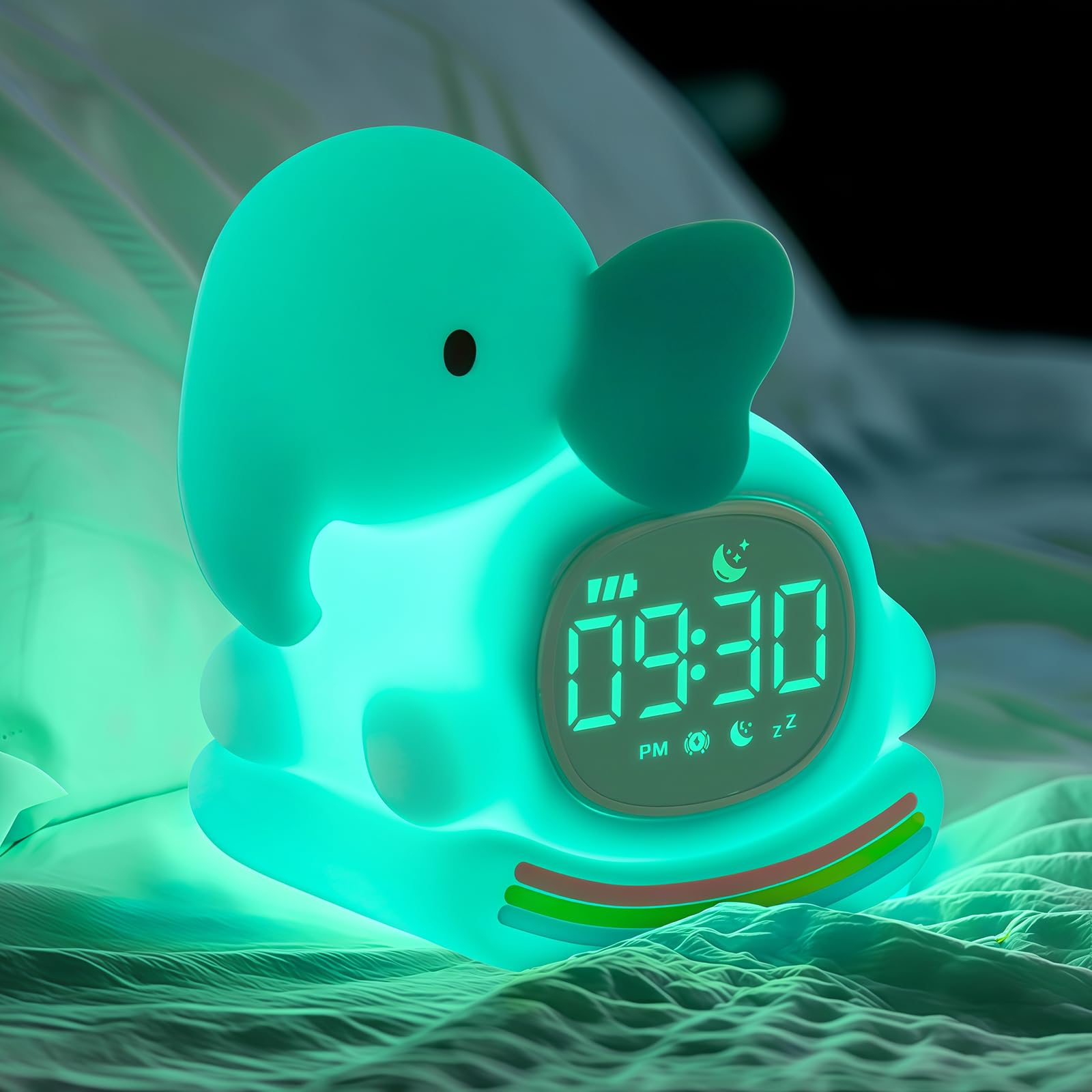 Alarm Clock with Night Light for Kids, Sleep Training Clock with Sound Machine, Rechargeable Silicone OK to Wake ClockCute Animal Tabletop Lamp, Perfect Sleep Companion for Boys Girls, Green Elephant