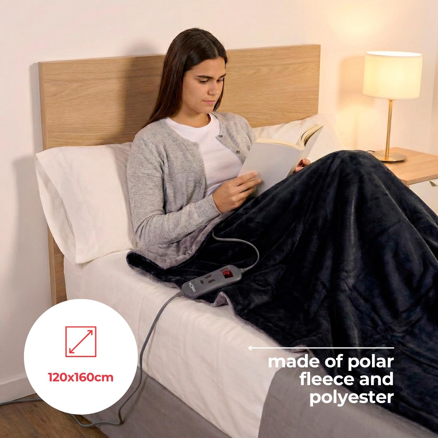 Solac - Coperta elettrica termica digitale 150W | 10 livelli di calore | Timer 9h | Autospegnimento | Lavabile in lavatrice | Morbida flanella 120x160 cm | Protezione surriscaldamento