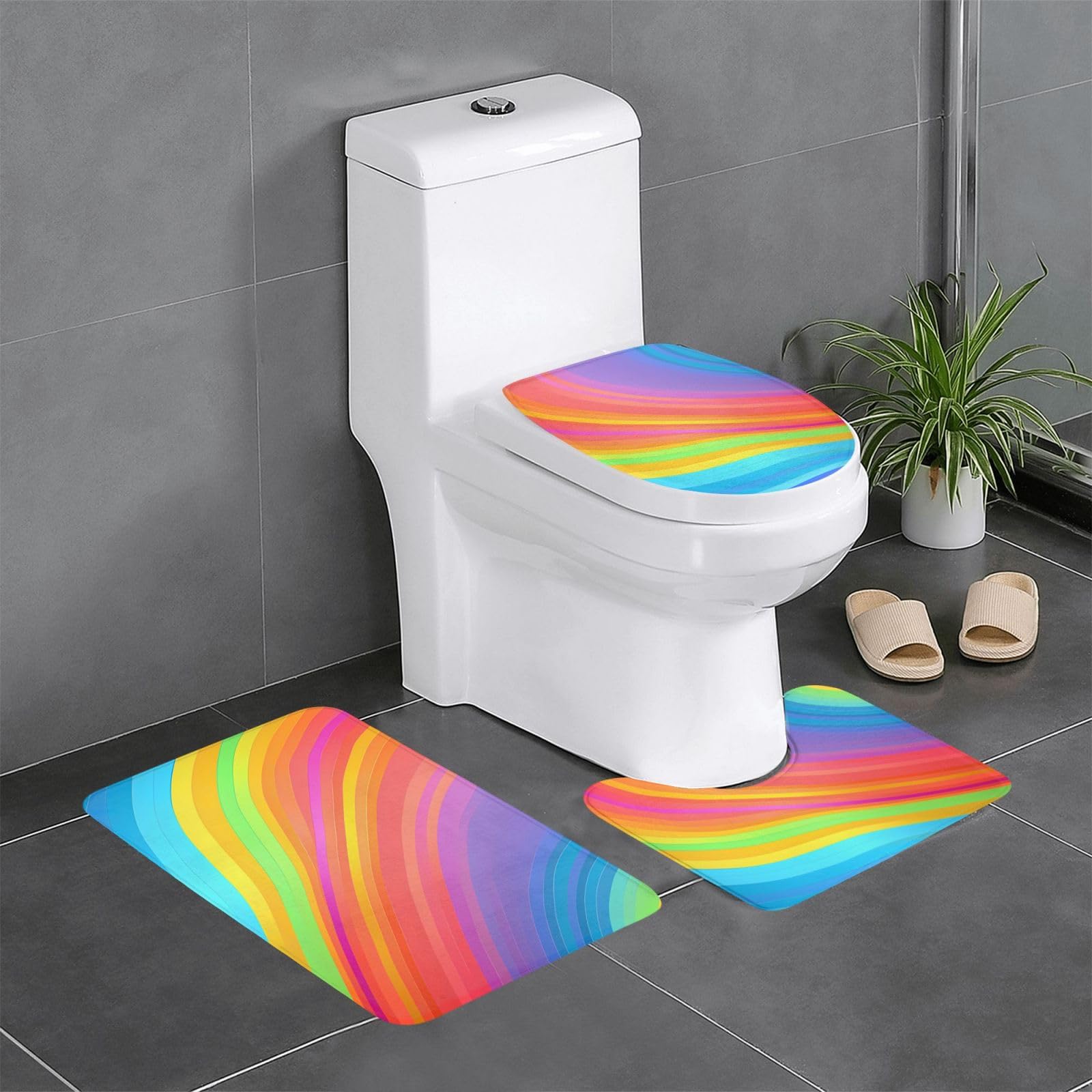 Tapis de salle de bain antidérapants (lot de 3) rayures arc-en-ciel pour WC et coiffeuse